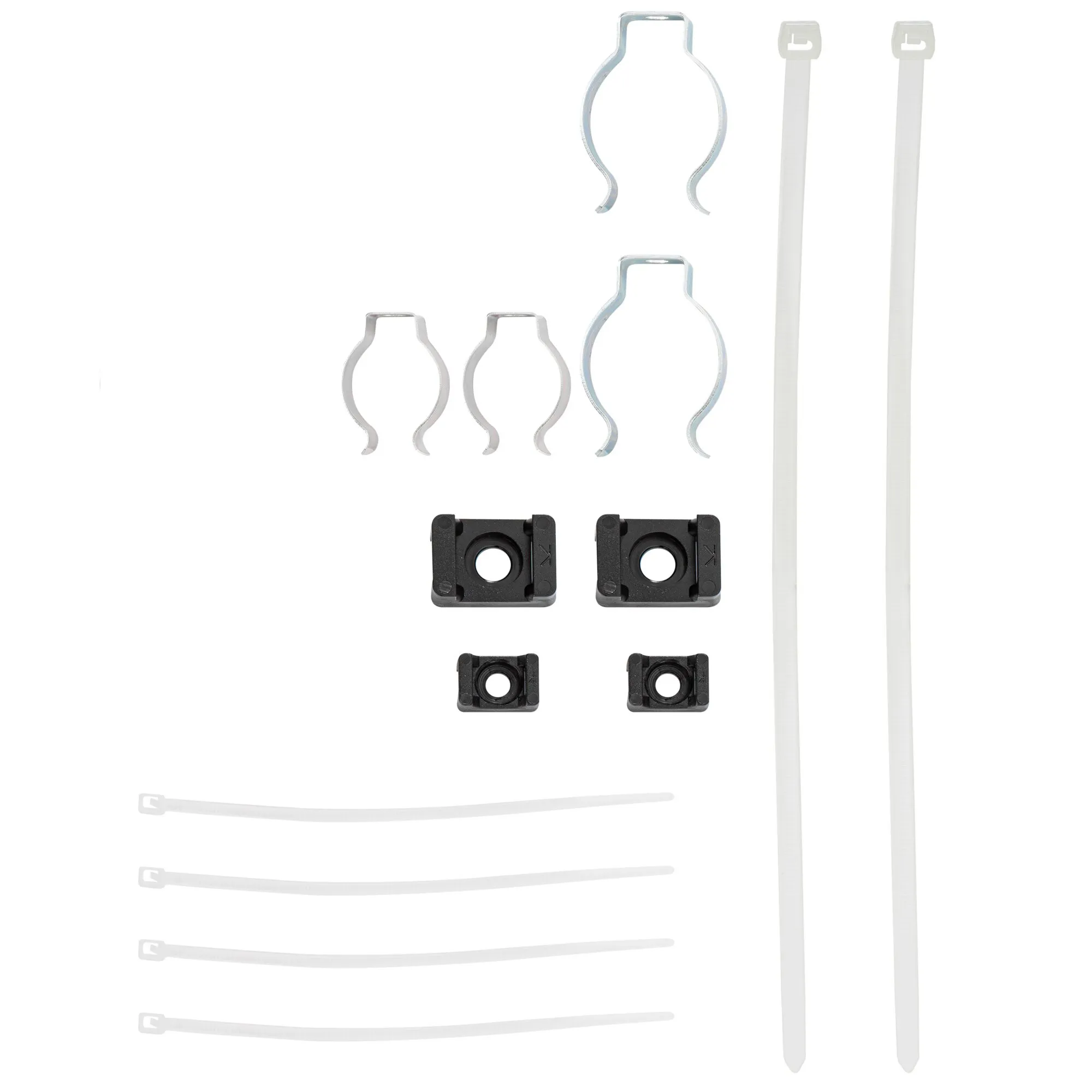 Magnet-Set Basic mit silbernen Halteklammern, schwarzen Magnetbasen sowie weißen Kabelbindern und Erdankern