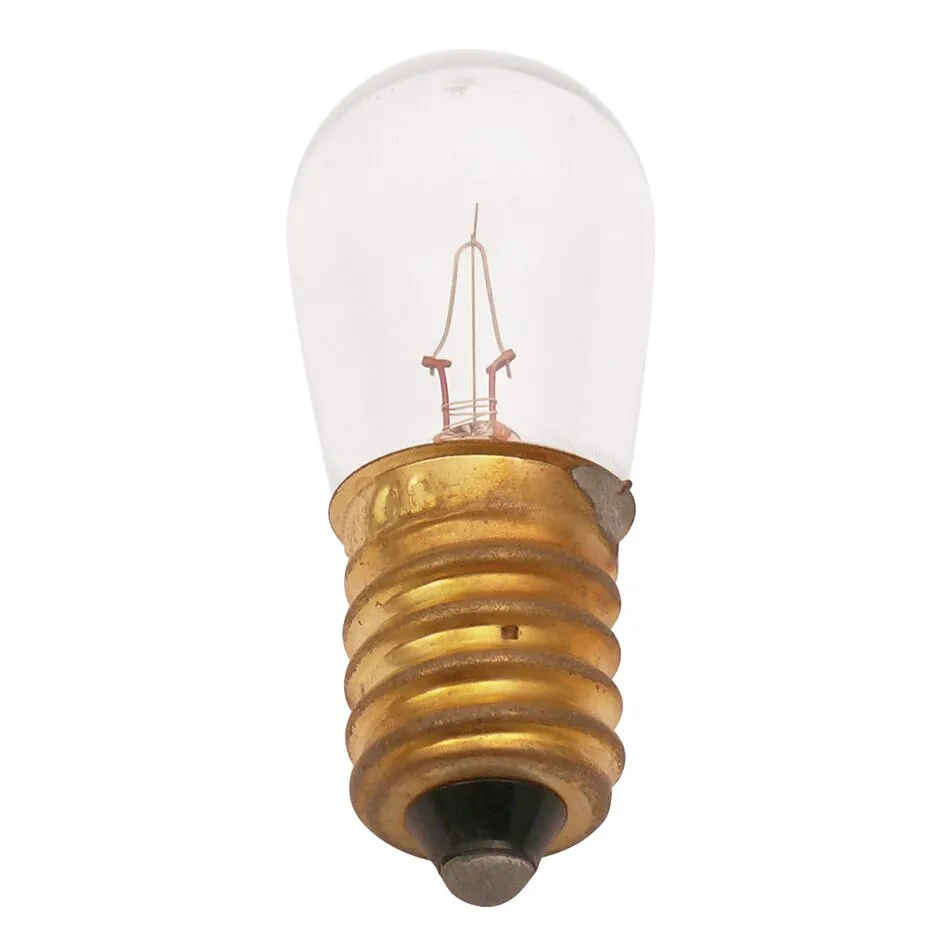 Transparente Ersatzbirne für Backöfen mit sichtbarem Glühdraht und goldenem Schraubsockel in Detailaufnahme