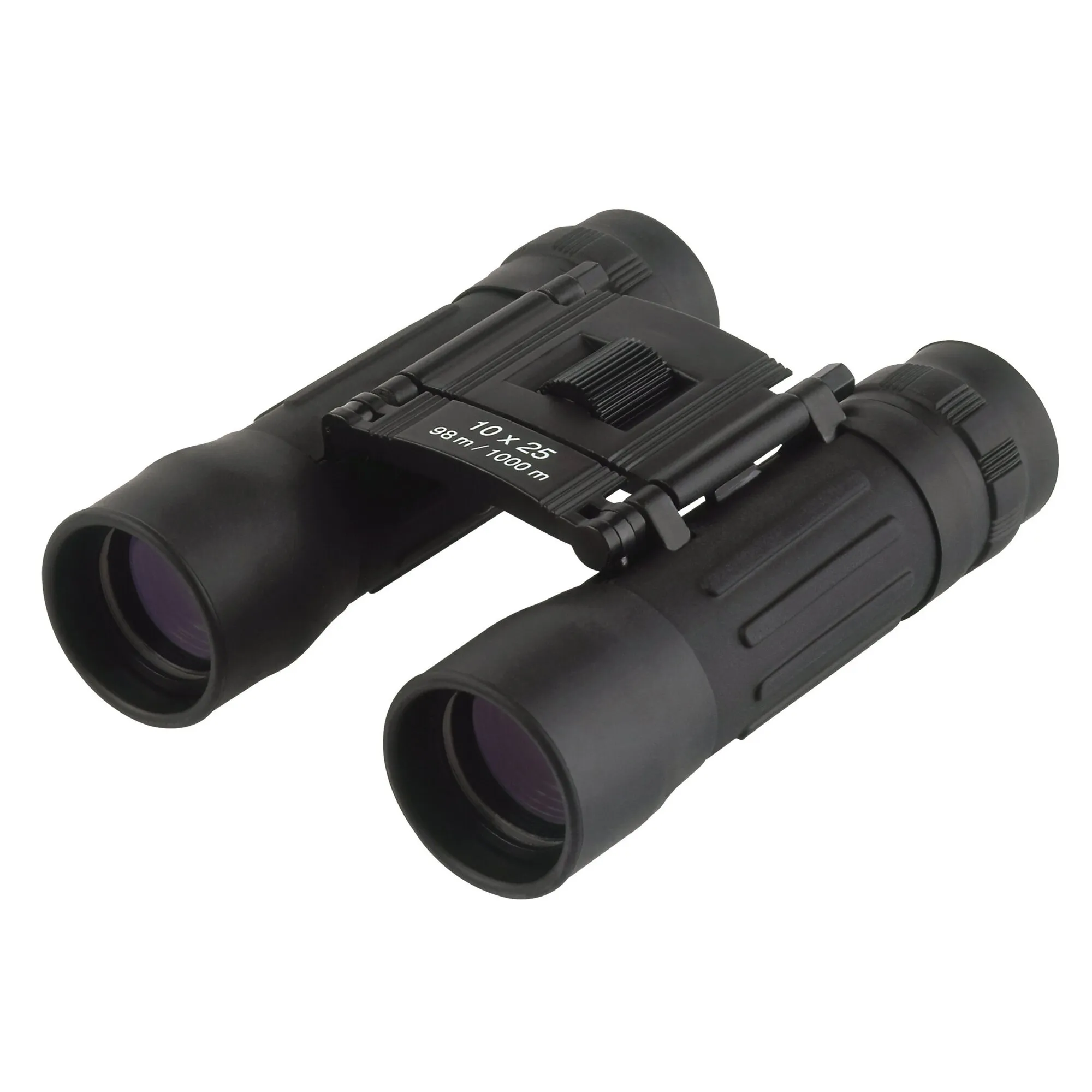 Schwarzes Pocket-Fernglas Visuamatic Voyager mit zwei Objektiven, Mitteltrieb und Aufdruck 10 x 25, 98 m/1000 m