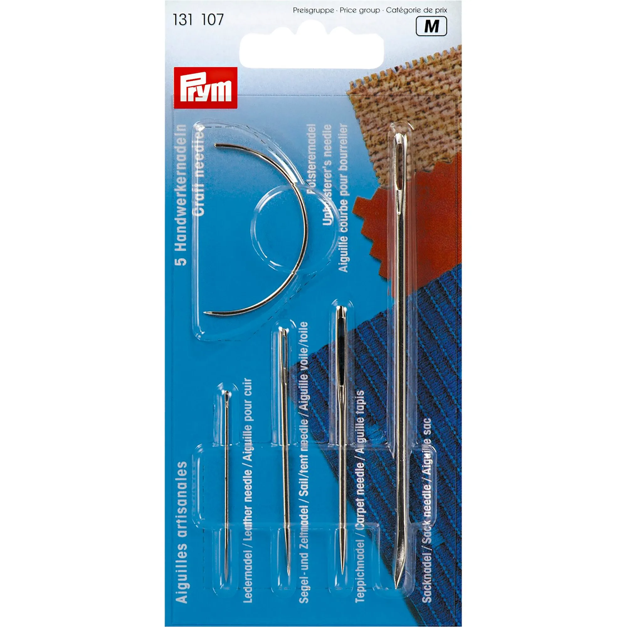 Prym Handwerkernadeln Sortiment M mit fünf Nadeln für Leder, Segel, Teppich, Sack und Polsterarbeiten in blauer Verpackung