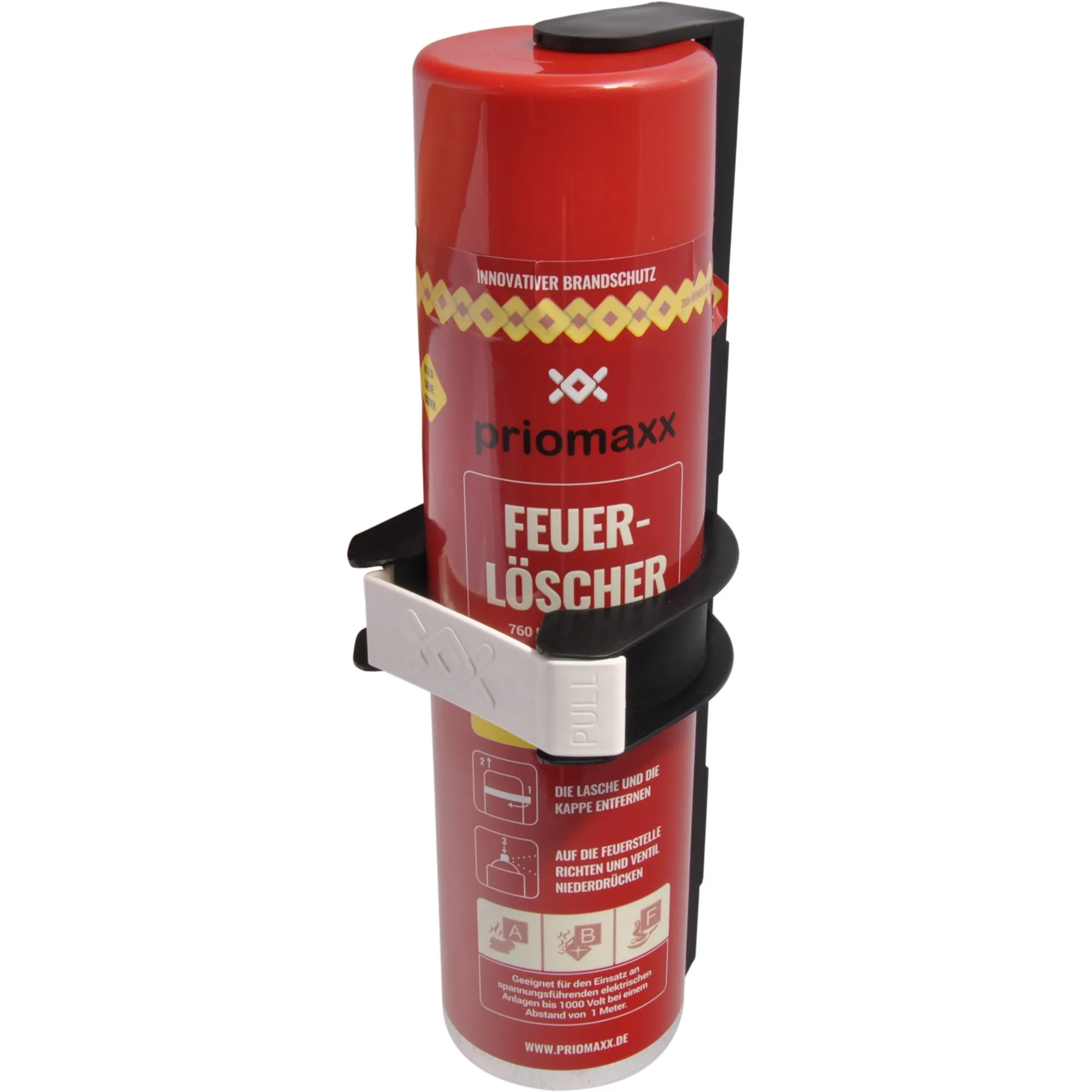 Schwarze Halterung mit Sicherungsbügel für rotes Priomaxx-Feuerlöschspray im weißen Hintergrund