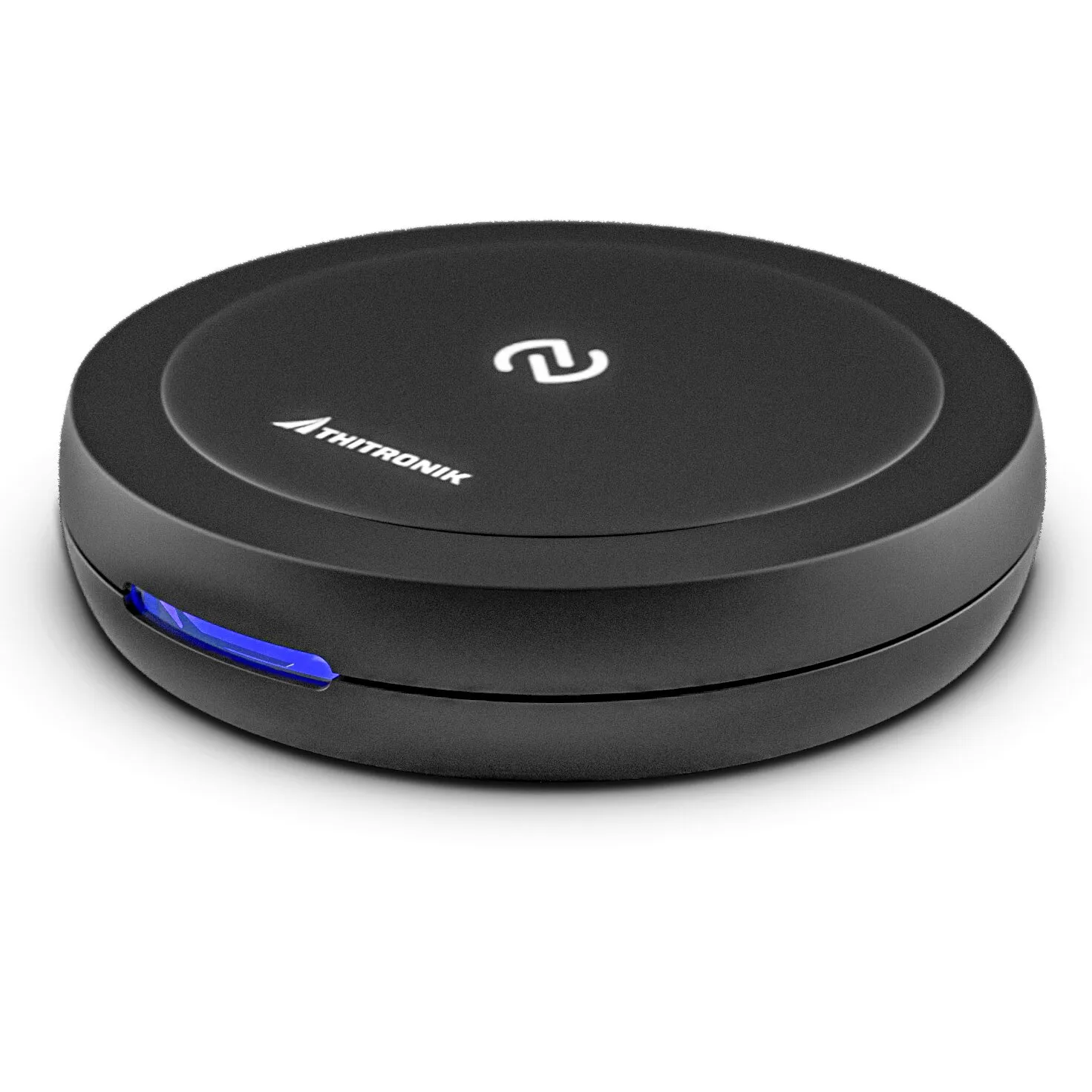 Schwarzes rundes NFC-Modul von Thitronik mit weißem NFC-Symbol und blau leuchtender Anzeige an der Vorderseite