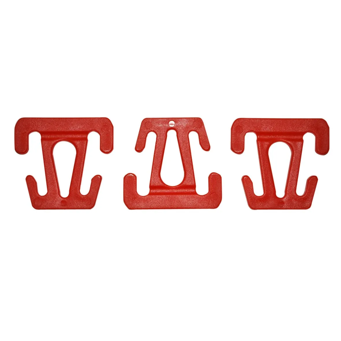 Drei rote Kleiderbügelhalter aus Kunststoff im Quickfree-Clip-Design, zwei mit Haken und einer mit zentraler Öffnung
