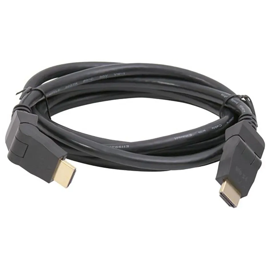 Schwarzes HDMI-Kabel, 2 m Länge, zu einer Schlaufe gelegt, mit goldfarbenen HDMI-Steckern an beiden Enden und grauen Gehäusen