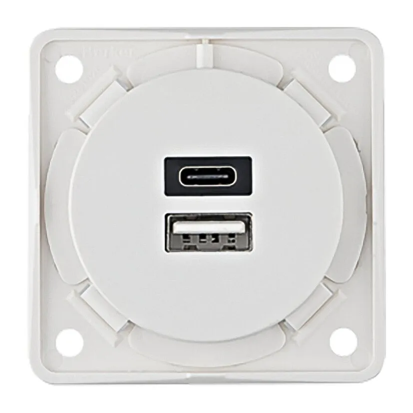 Weiße quadratische USB-Steckdose mit runder Abdeckung sowie je einem USB-C- und USB-A-Anschluss an der Vorderseite
