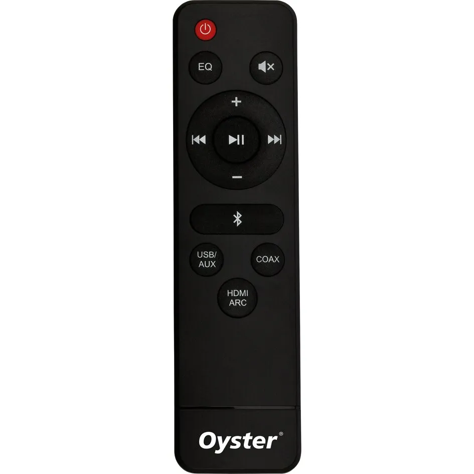 Schwarze Fernbedienung der Oyster® Soundbar mit Tasten für Lautstärke, Wiedergabe, Bluetooth, USB/AUX, Coax und HDMI ARC
