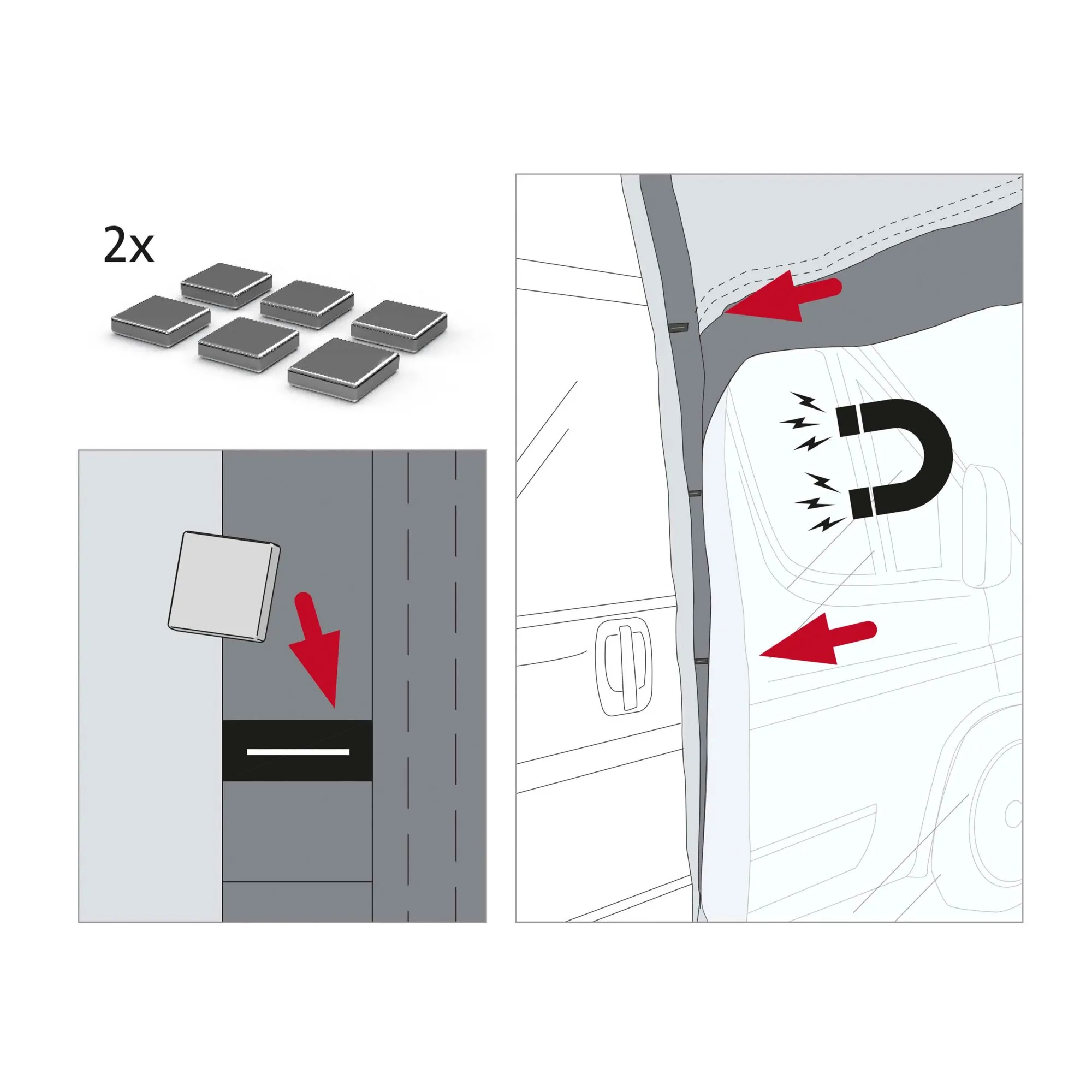 Montagehinweis zum Markisenzelt Privacy Room F80: Magnetplatten werden am Stoff befestigt und an der Fahrzeugtür angelegt