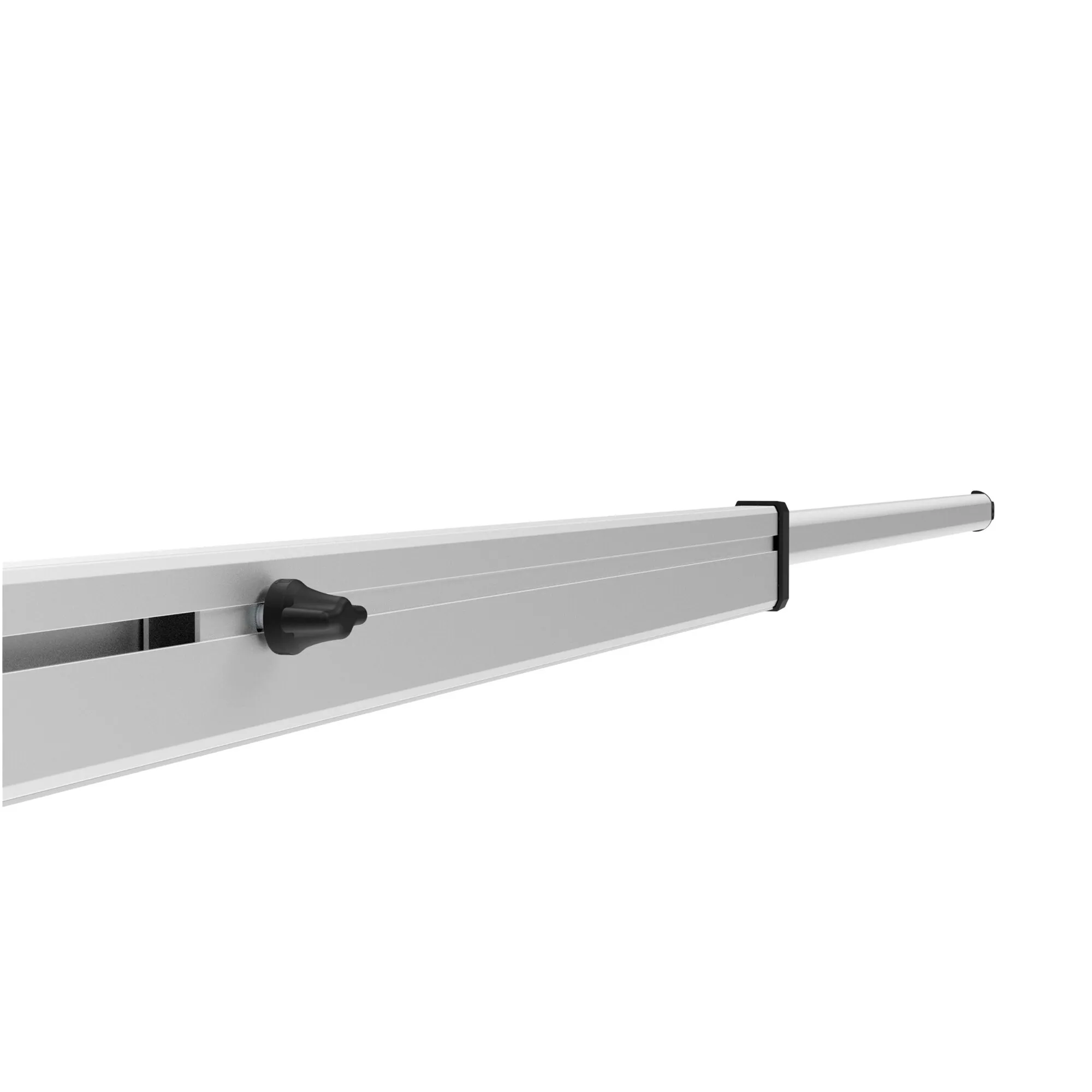 Silberne Spannstange Rafter LED mit schwarzem Verstellknopf und Klemmhalterung in seitlicher Detailansicht