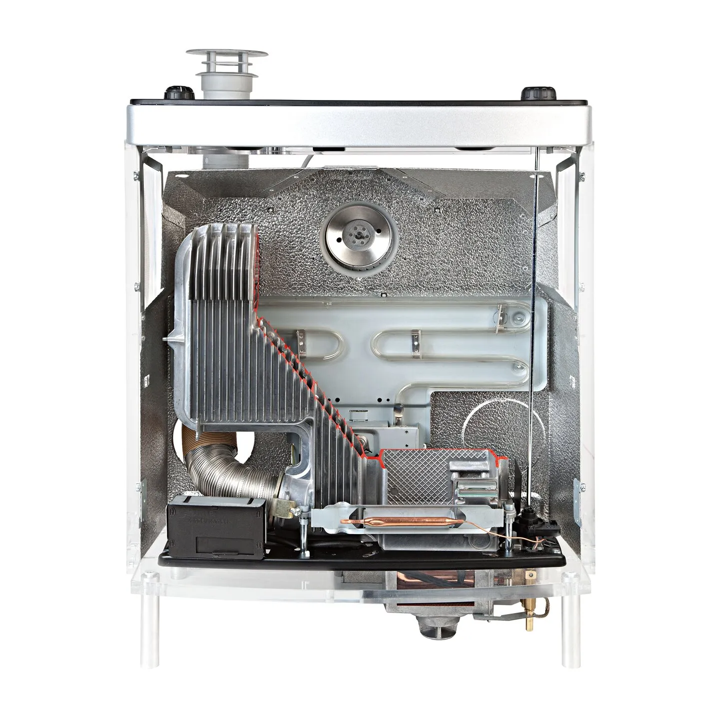 Truma S 5004 Gasheizung mit einem Gebläse, geöffnete Front mit sichtbarem Wärmetauscher und Brennertechnik