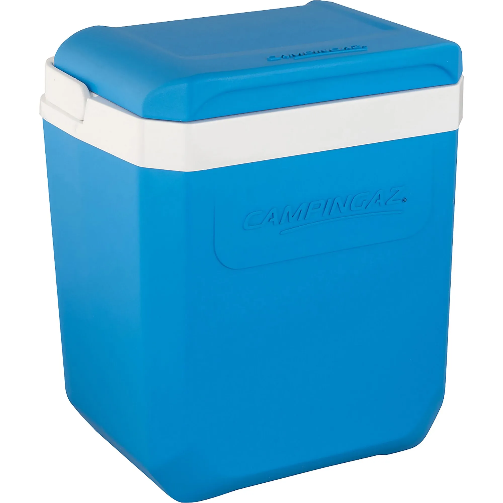 Blaue Campingaz Kühlbox Icetime Plus mit weißem Deckelrand und geschlossenem Deckel, 26 Liter Fassungsvermögen