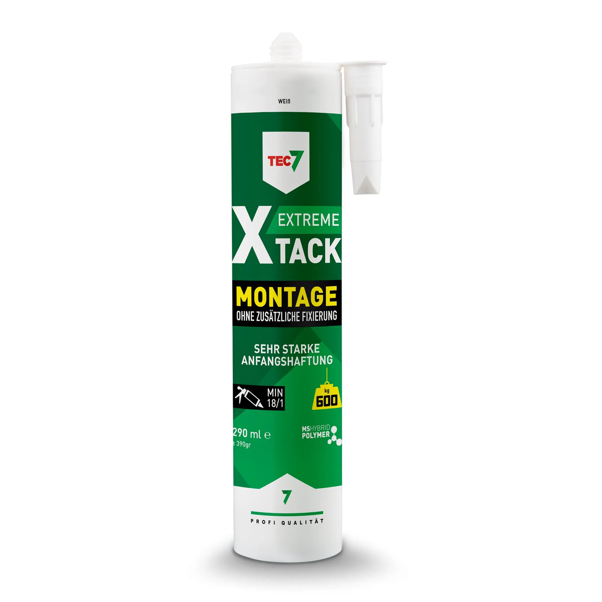 Weiße Kartusche mit TEC7 Montagekleber XTACK EXTREME und aufgesetzter weißer Auftragsdüse, 290 ml