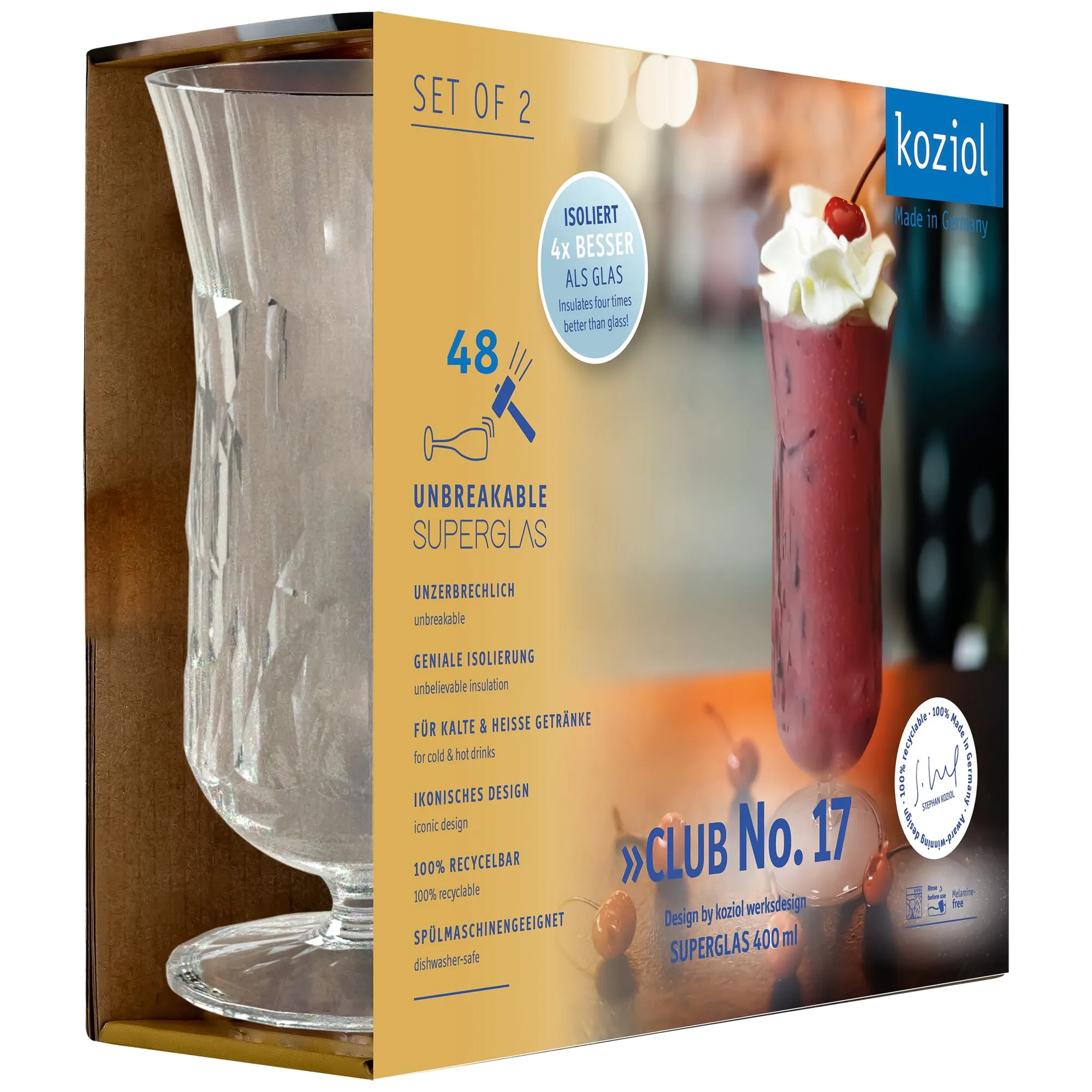 Verpackung mit zwei transparenten, stiellosen Cocktailgläsern Superglas CLUB No. 17 von koziol, 400 ml, und rotem Cocktail mit Sahnehaube