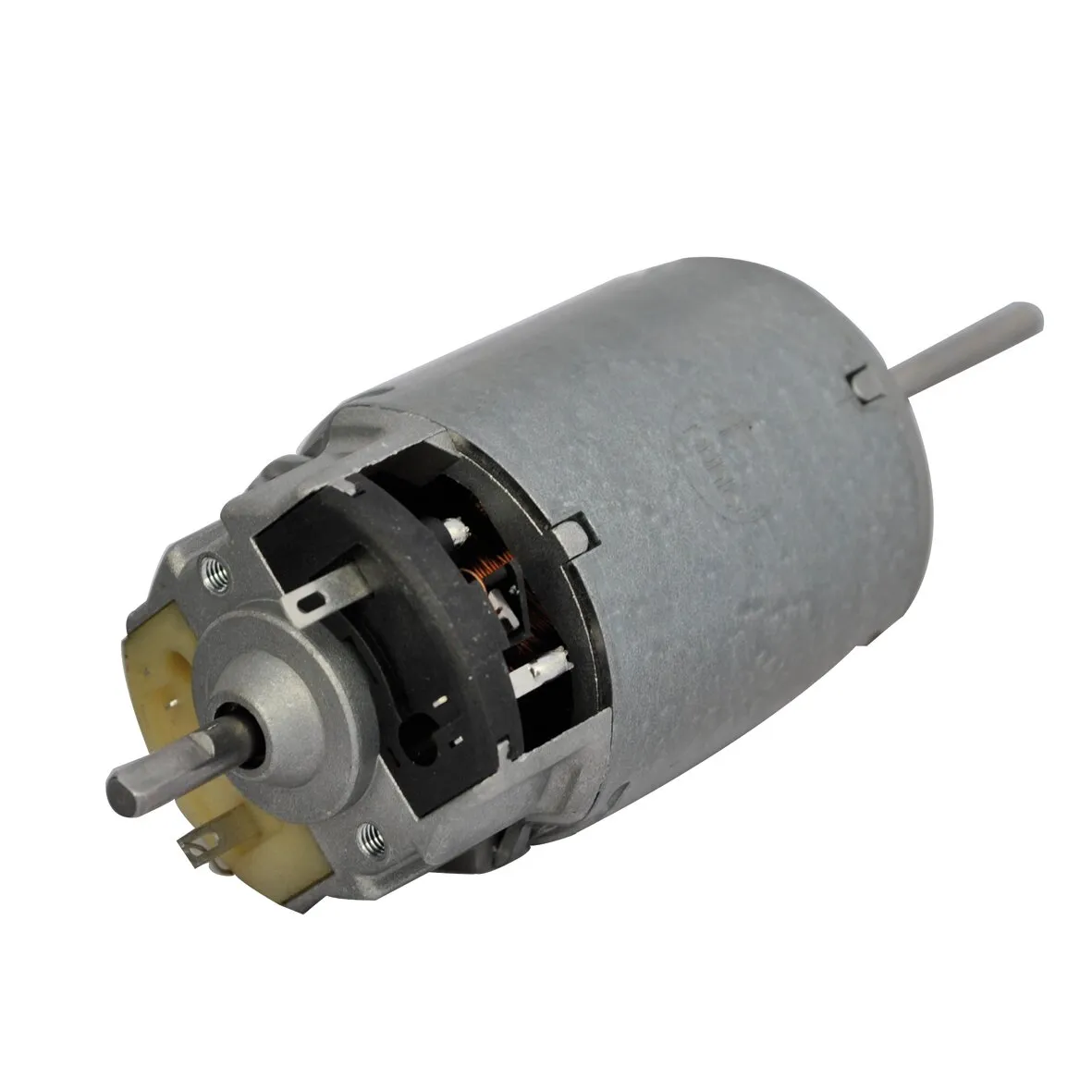 Gleichstrommotor mit grauem zylindrischem Metallgehäuse, sichtbaren Bürsten und Wellen an beiden Enden in Schrägansicht