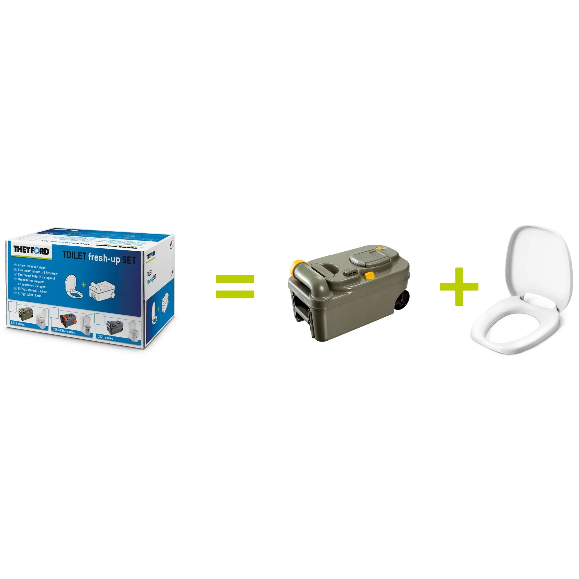 Thetford Fresh-Up-Set für Campingtoilette C200 mit grauem Fäkalientank und weißem Toilettensitz neben der Verpackung