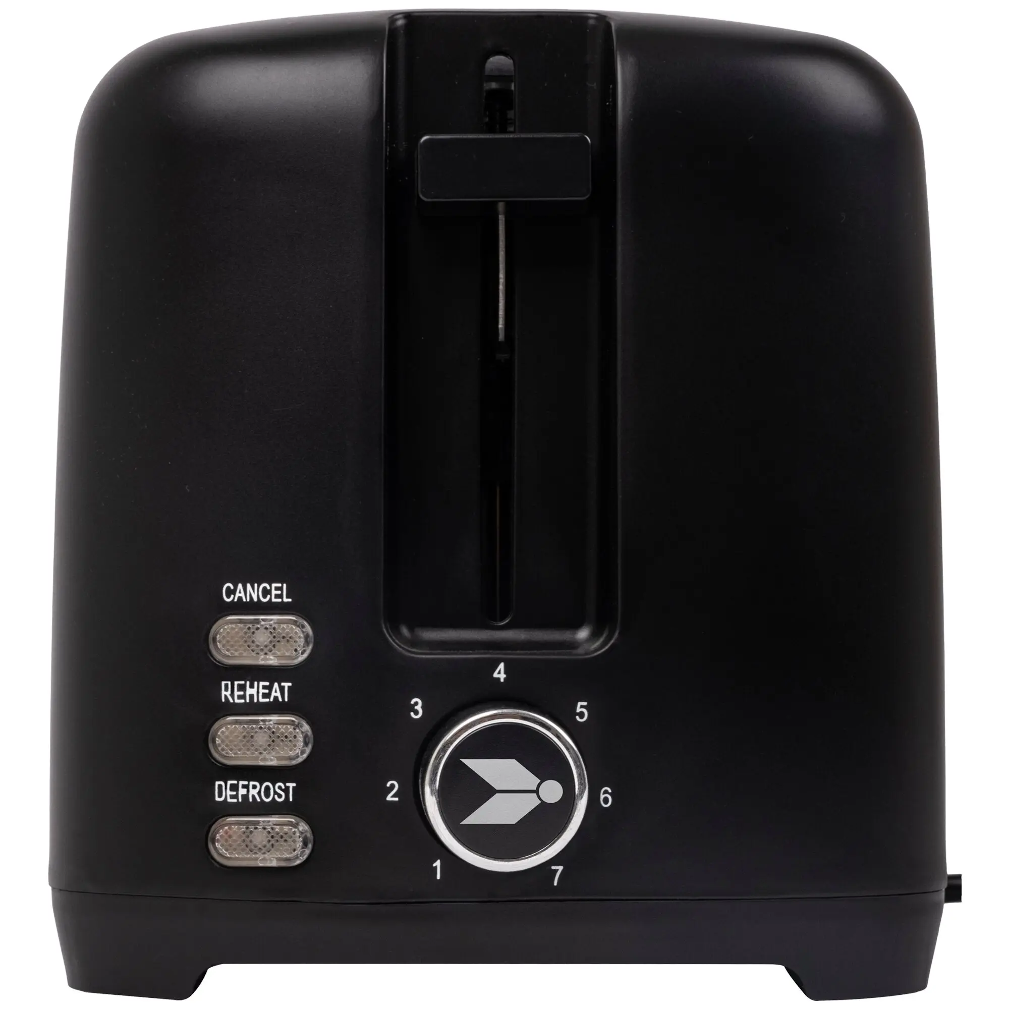Schwarzer Toaster mit zwei Schlitzen, zentraler Bräunungshebel, rundem Einstellrad mit 1–7, links CANCEL REHEAT DEFROST