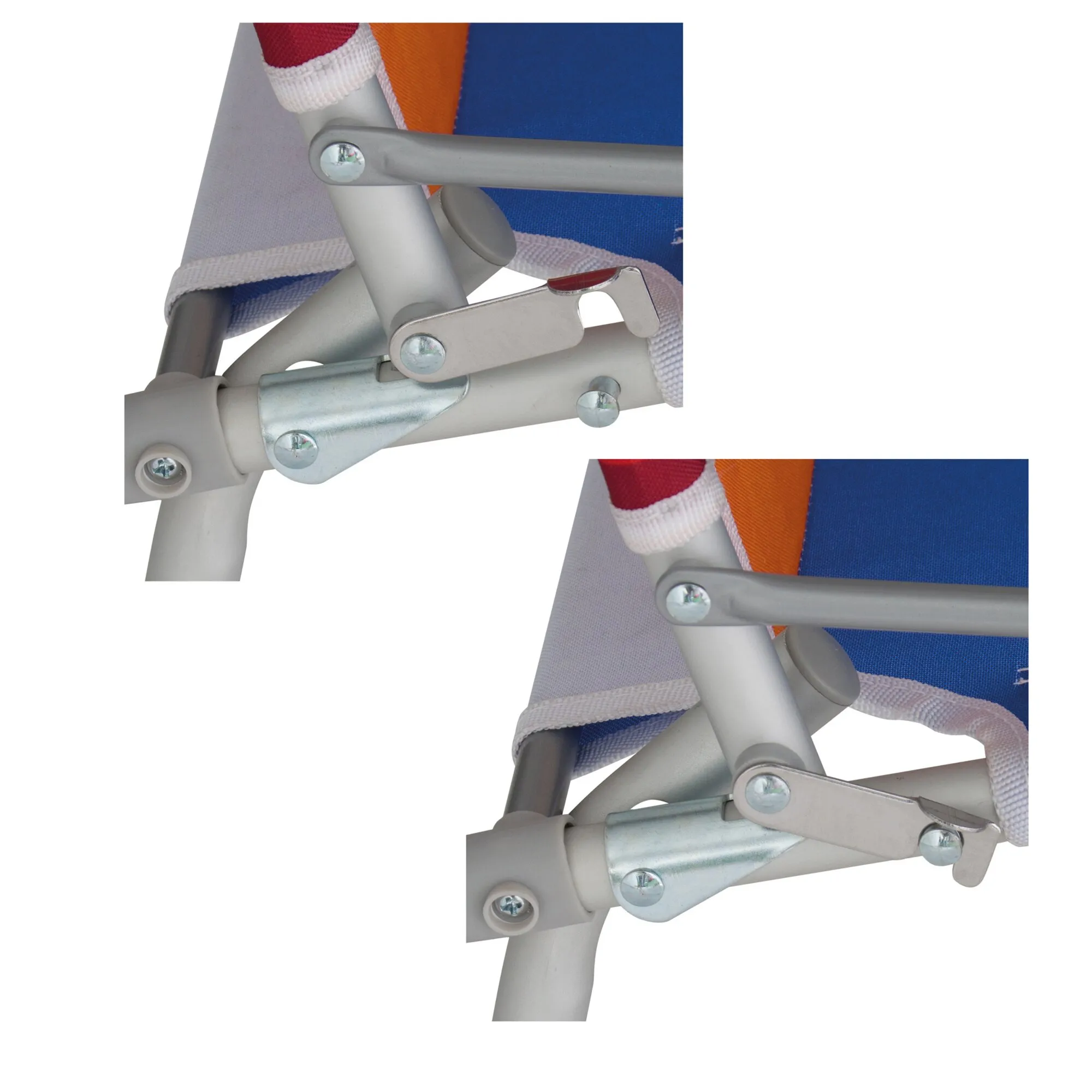 Detailaufnahme des Strandstuhls Béziers mit blau-orangefarbenem Bezug und grauem Metallgestell samt Verstell- und Klappmechanik