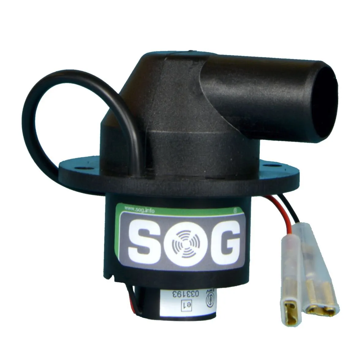 Schwarzer Lüfter für SOG® Türvariante mit Abluftstutzen, Anschlusskabeln und SOG-Logo auf weißem Hintergrund