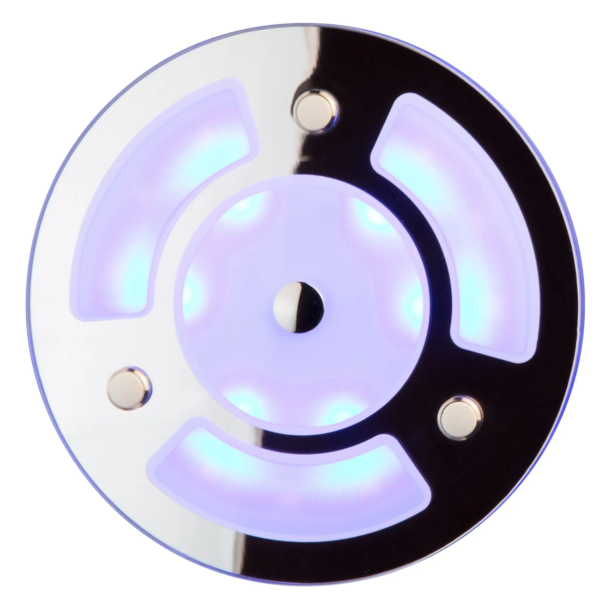 Runde Deckenleuchte Nightlight Round mit verchromtem Rand, zentralem Lichtfeld und vier violett-blau leuchtenden Lichtsegmenten