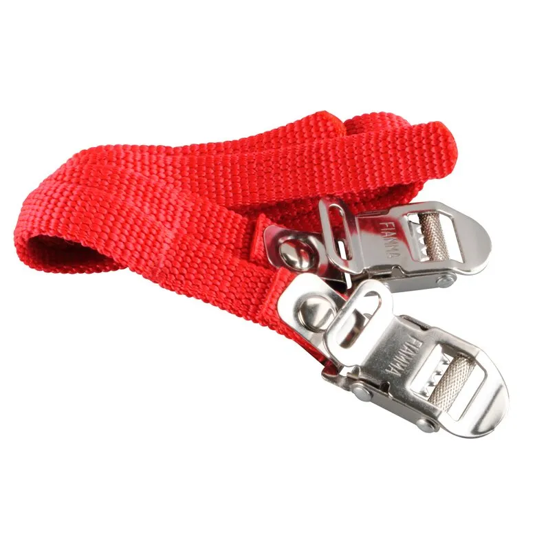 Roter Sicherheitsriemen Security Strip aus gewebtem Band mit zwei silberfarbenen Metallschnallen und Verstellmechanismen