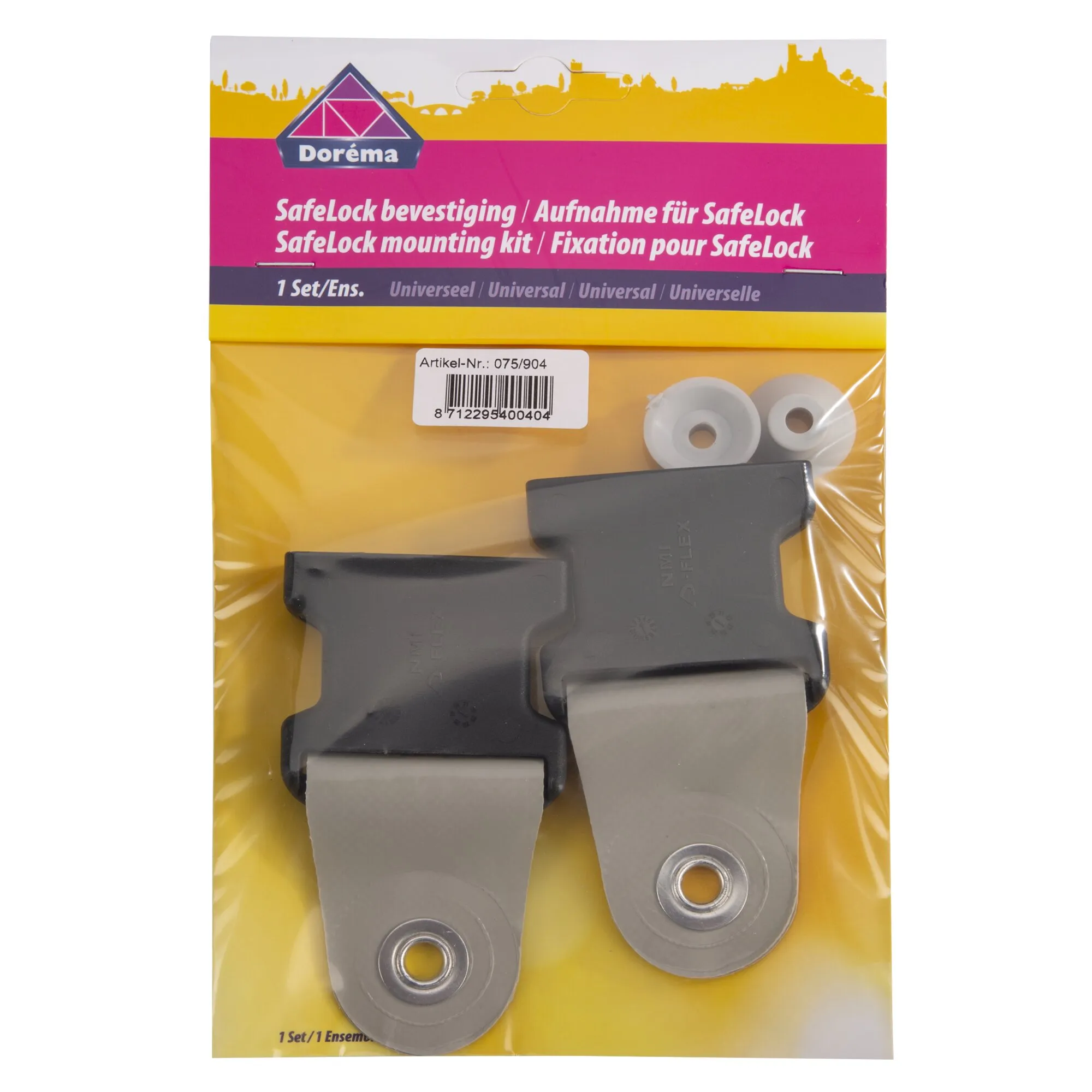 Doréma SafeLock Universal Halteösen-Montageset in transparenter Verpackung mit zwei grauen Halteösen und weißen Distanzringen