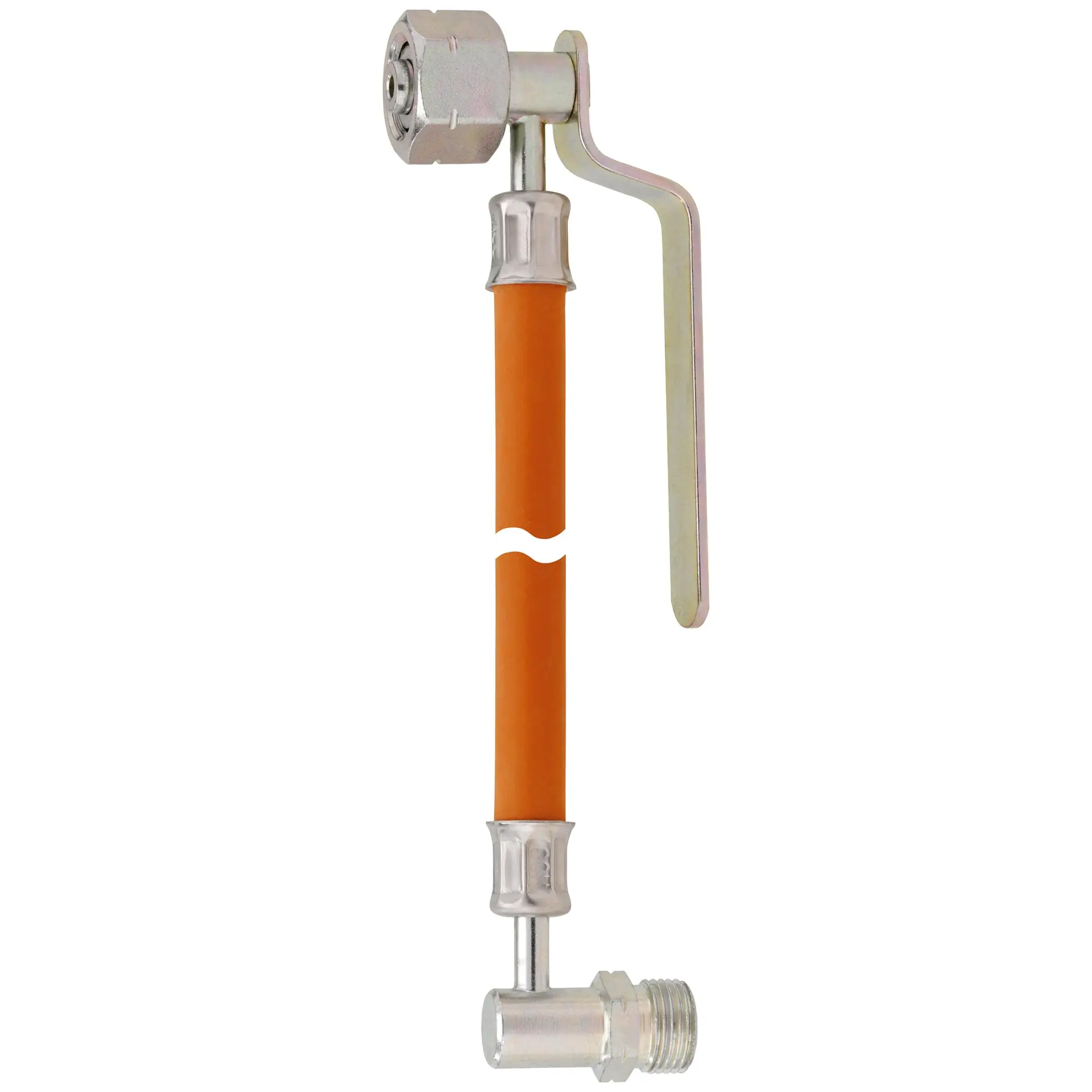 Gas-Hochdruckschlauchleitung mit orangefarbenem Schlauch, metallischem Anschlussstück und seitlich gebogenem Griff sowie Gewindeanschluss unten