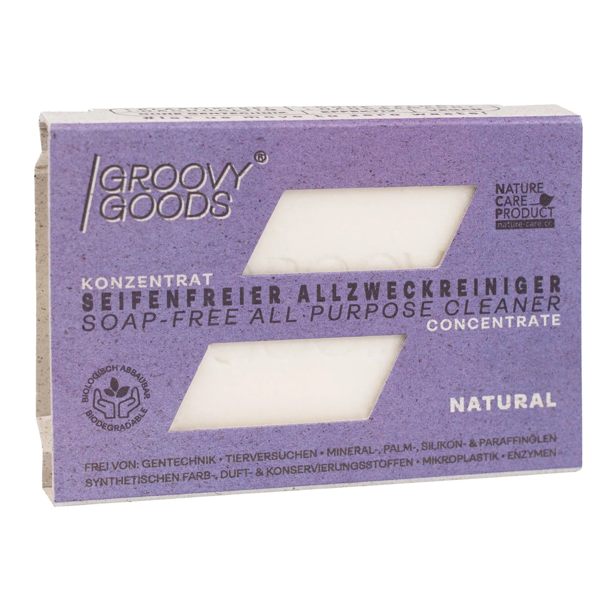 Lila Kartonpackung Groovy Goods Natural, seifenfreier Allzweckreiniger als Konzentrat mit zwei Sichtfenstern