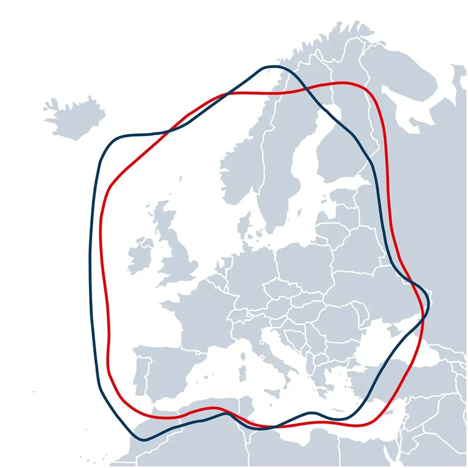 Europakarte mit zwei farbigen Empfangsbereichskonturen der Sat-Anlage CAP 750 GPS in Rot und Dunkelblau