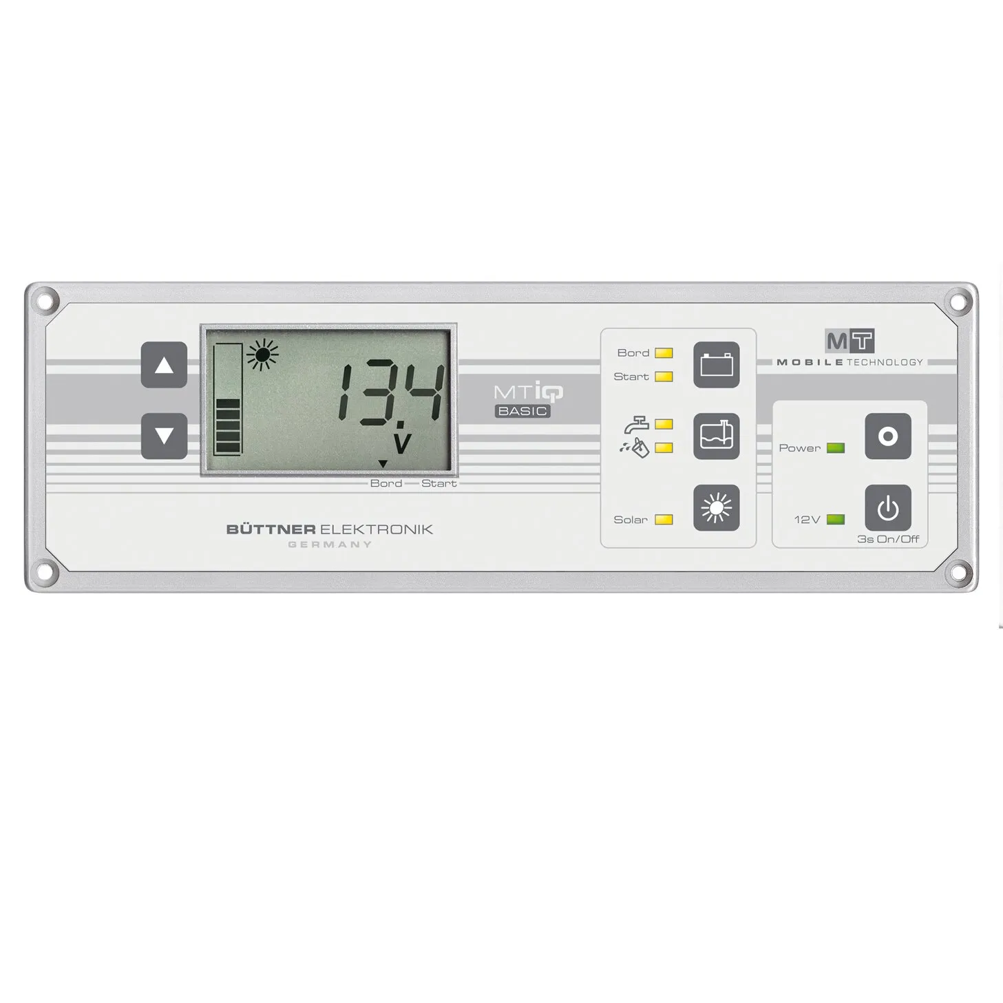 MTiQ InfoPanel Basic von Büttner Elektronik mit LCD-Anzeige für 13,4 Volt, Tasten und Kontrollleuchten für Bord-, Start- und Solaranlage