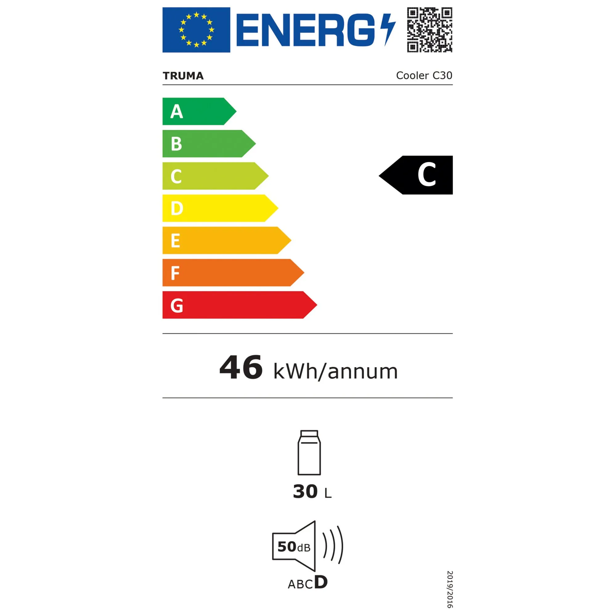 EU-Energielabel für die Kompressorkühlbox Truma Cooler C30 mit Energieeffizienzklasse C, 30 l Fassungsvermögen, 46 kWh Jahresverbrauch und 50 dB Geräuschpegel