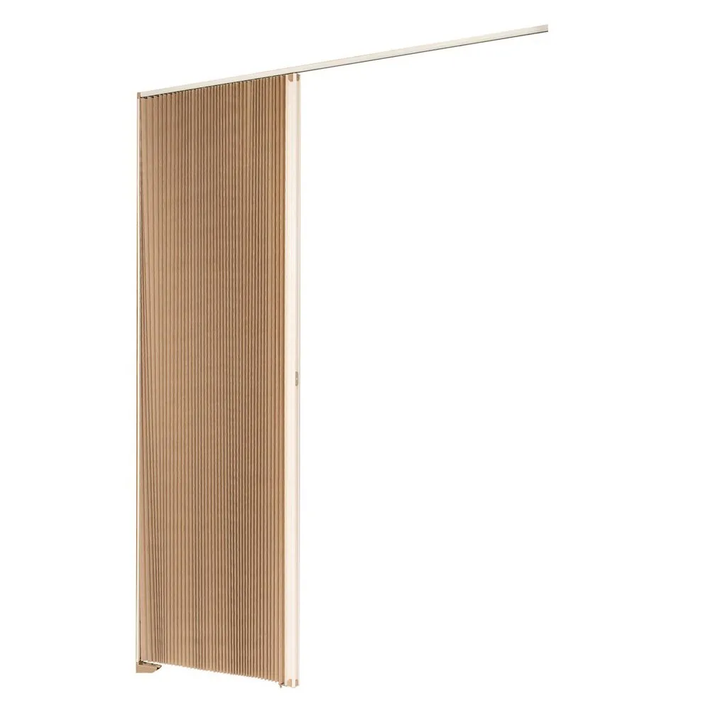 Raumteiler mit 121 cm Breite aus hellem Holz, mit vertikalen Lamellen und weißer Führungsschiene