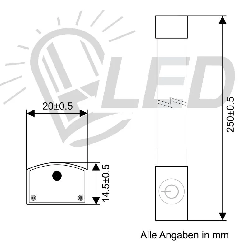 Technische Maßzeichnung einer 25 cm langen Lichtleiste mit Ein-/Ausschalter, 20 mm Breite und 14,5 mm Höhe, Angaben in mm