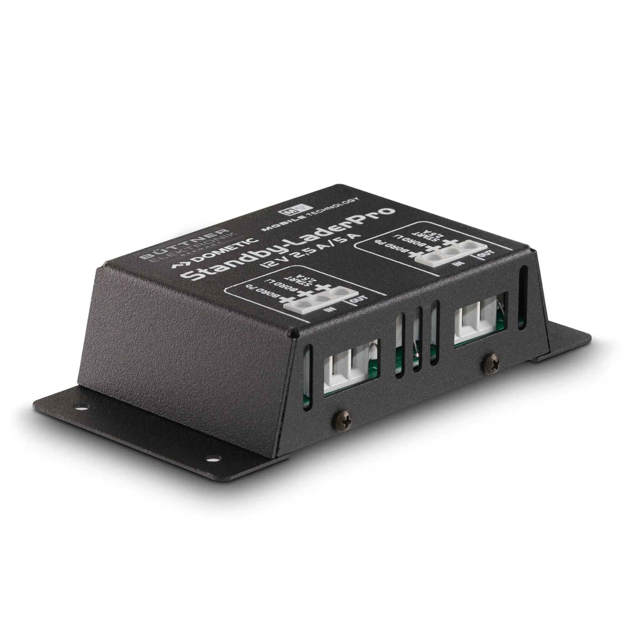 Schwarzer Standby-Lader Pro von Mobile Technology mit 0–5 A, Lüftungsschlitzen, Anschlussklemmen und Montageplatte