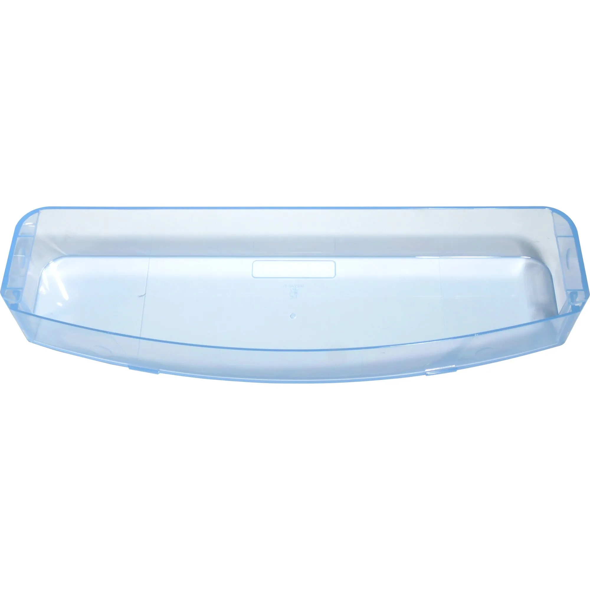 Transparente blaue Etagere mit länglicher, abgerundeter Form und erhöhtem Rand, Innenansicht, 37 cm lang und 6 cm hoch