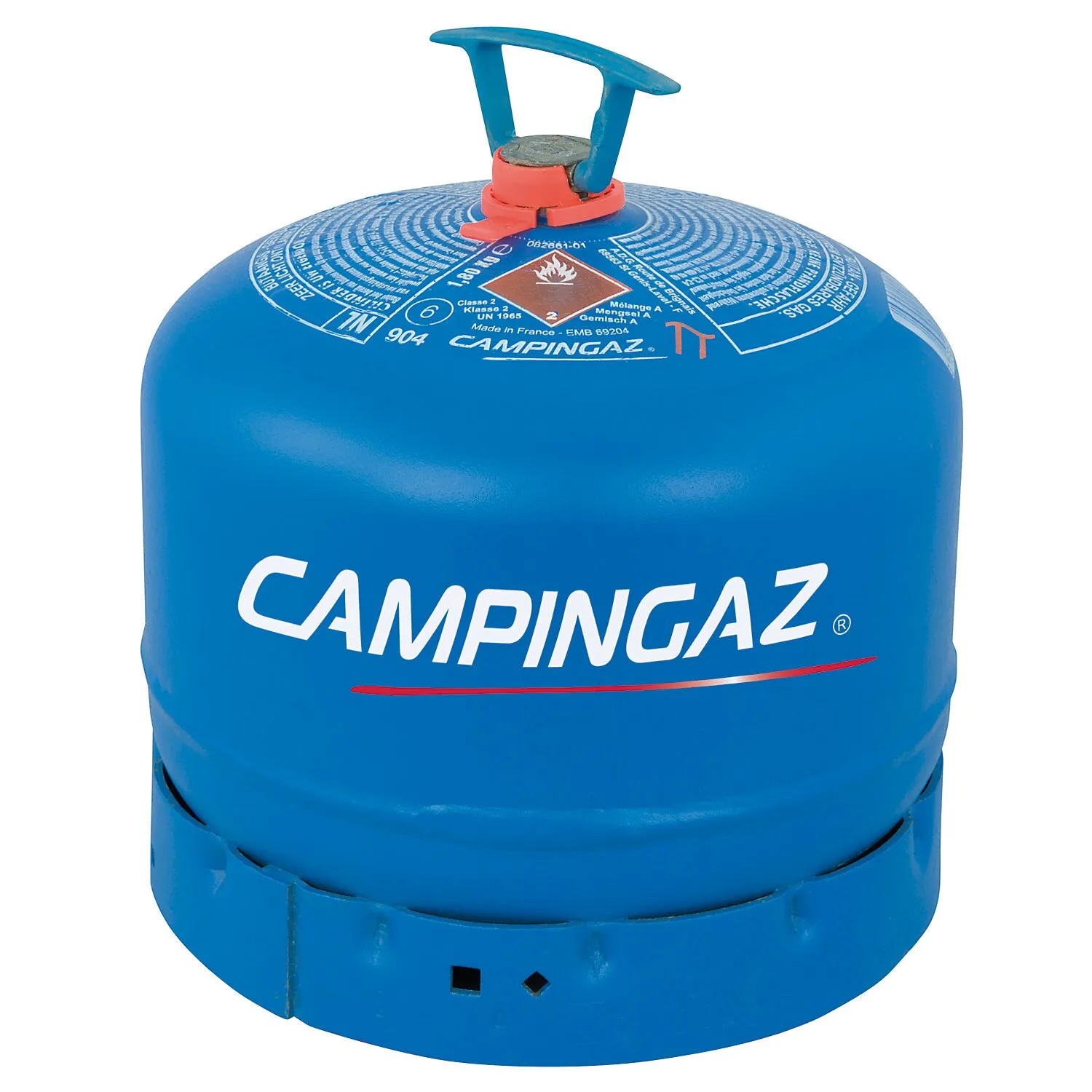 Blaue, befüllte Campingaz-Butangasflasche R904 mit Schutzkragen, Tragegriff und sichtbaren Gefahr- und Produktkennzeichnungen