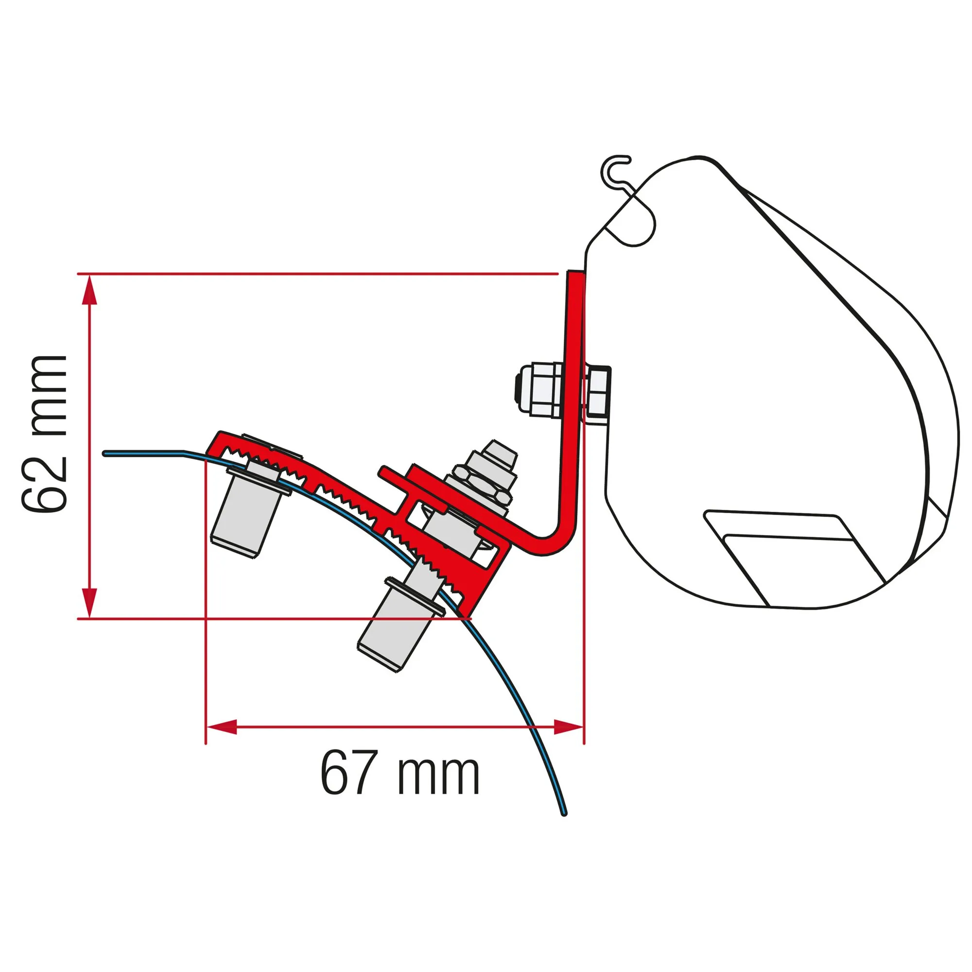 Technische Schnittzeichnung des roten Markisenadapters für F35 Pro mit Befestigungsklammer und Maßangaben 62 mm Höhe und 67 mm Breite