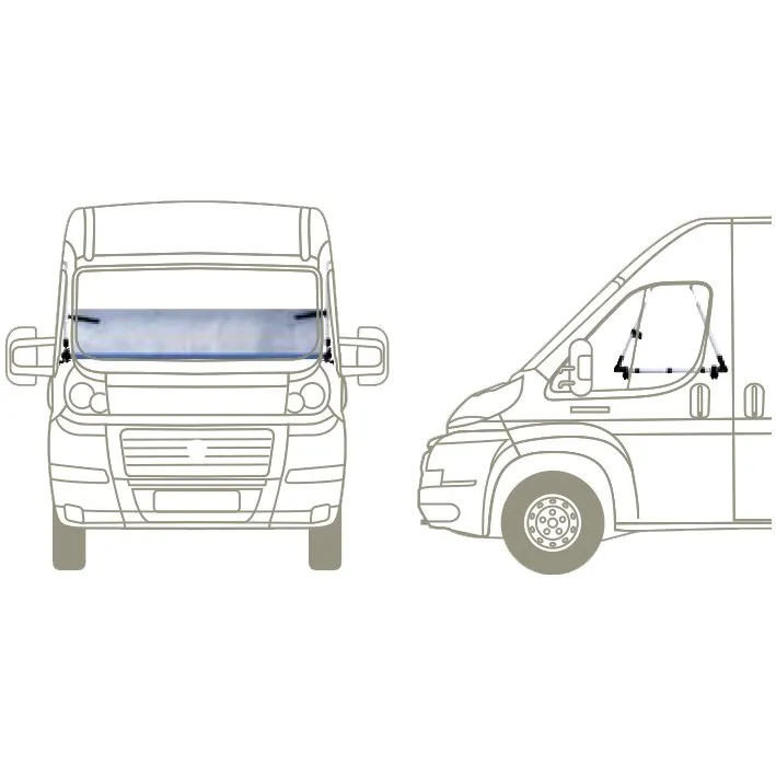 Kinderbett mit blauer Liegefläche im Fahrerhaus eines Wohnmobils, dargestellt in Front- und Seitenansicht