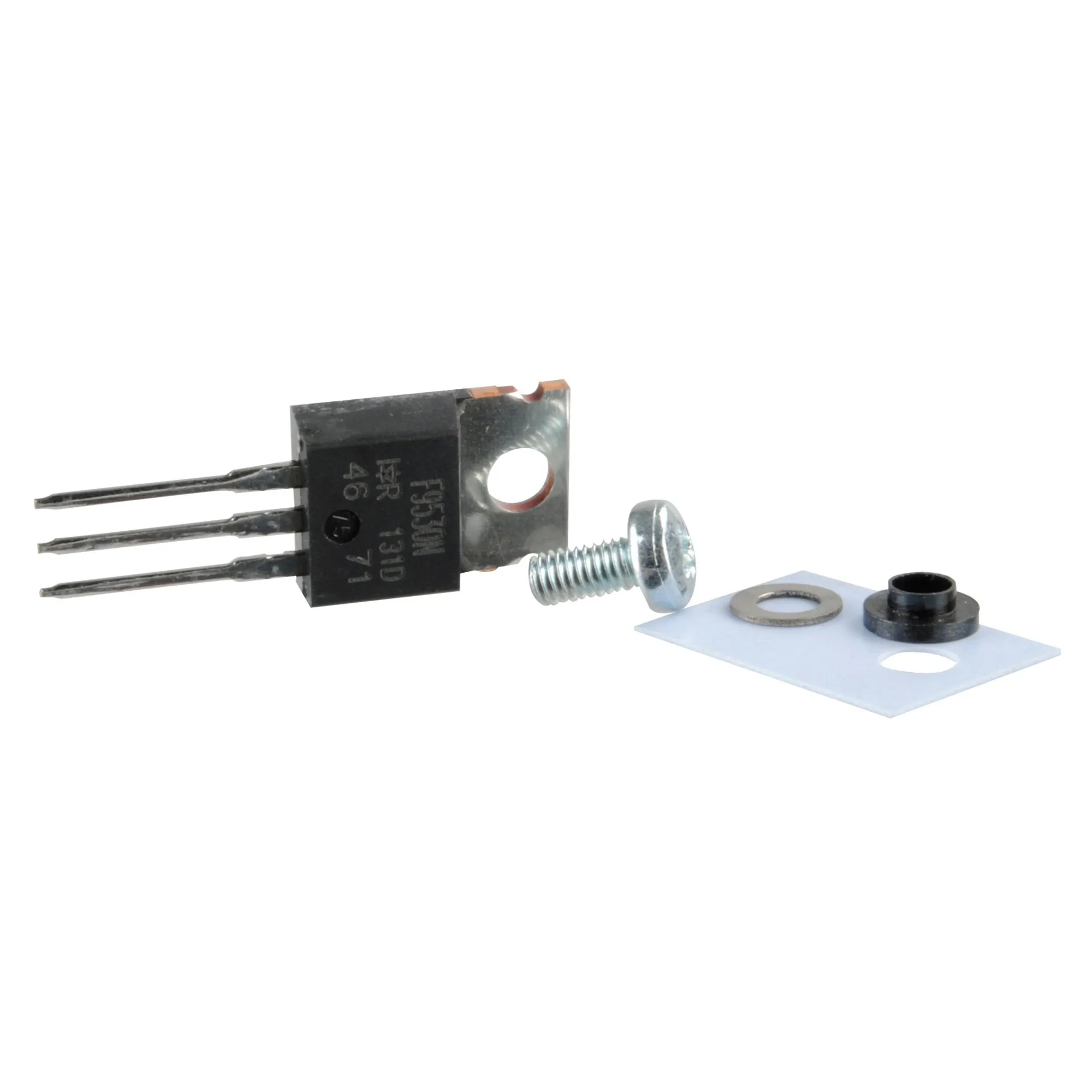 Schwarzer Motortransistor mit drei Anschlussdrähten, Befestigungsloch, Schraube, Unterlegscheibe und Isolierhülse als Komplettsatz
