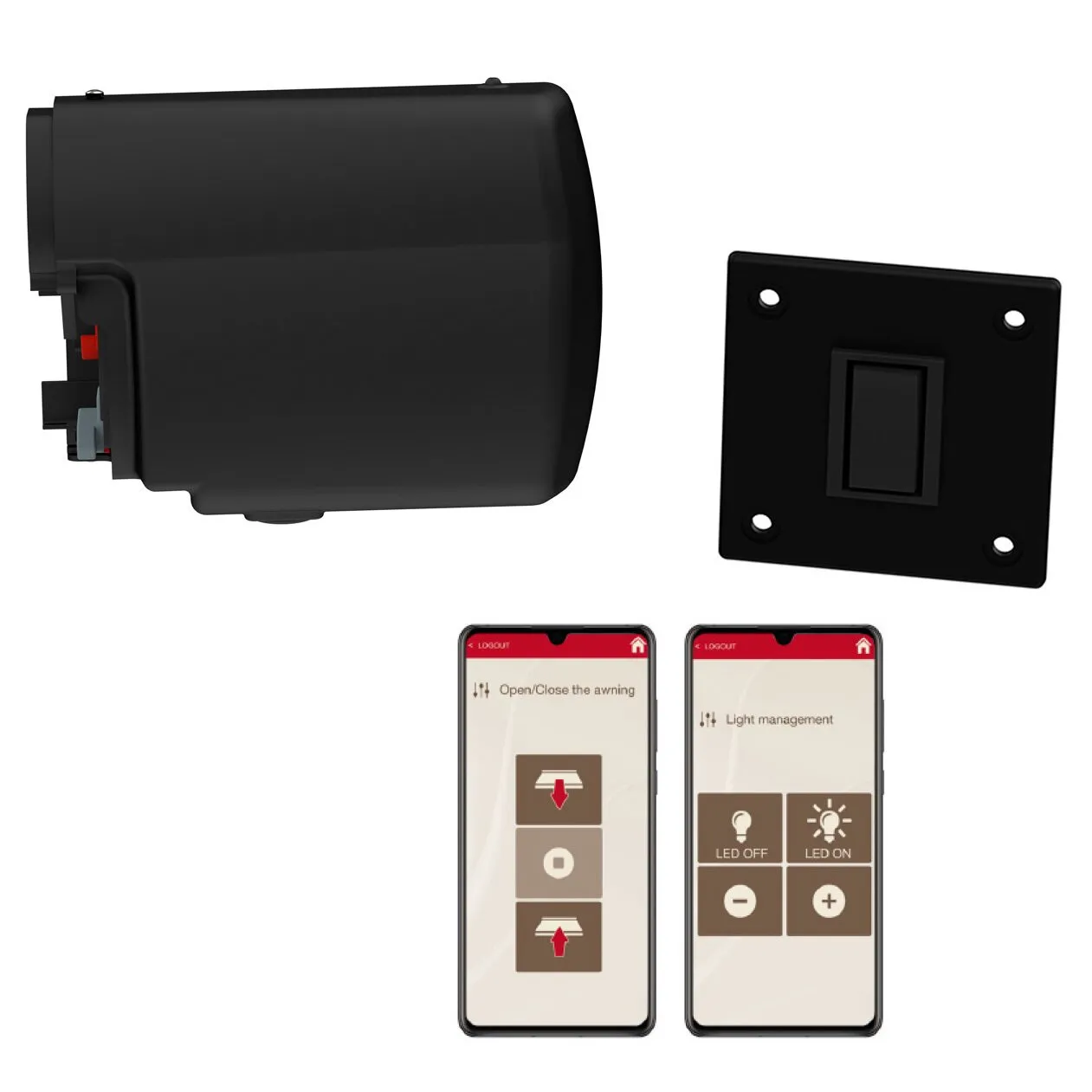 Motor Kit Advanced F45L in Schwarz mit Motorantrieb, Wandschalter und zwei Smartphones zur Steuerung von Markise und LED-Beleuchtung