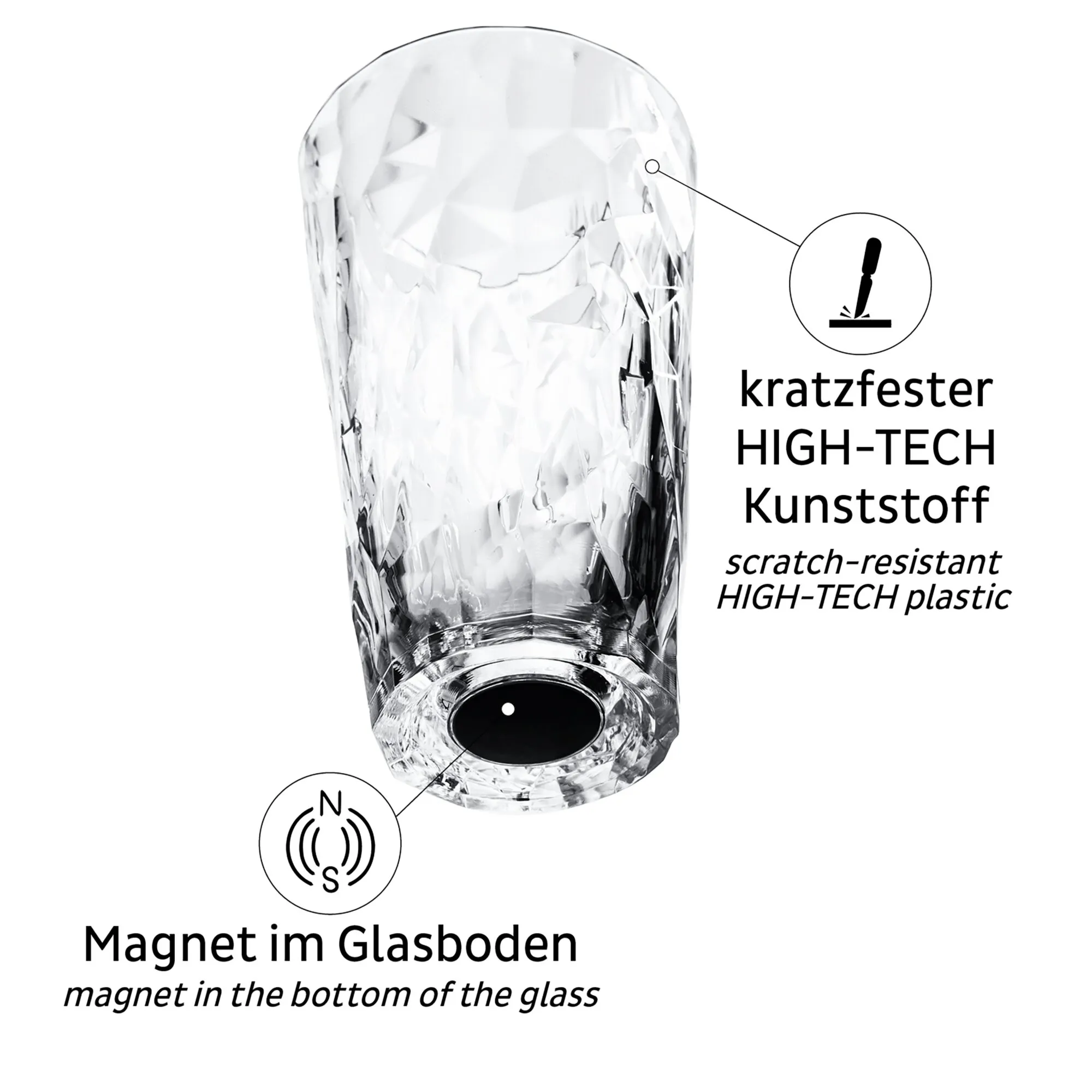 Transparentes, facettiertes Longdrinkglas aus kratzfestem Kunststoff mit Magnet im Glasboden, beschriftet mit Material- und Produkteigenschaften