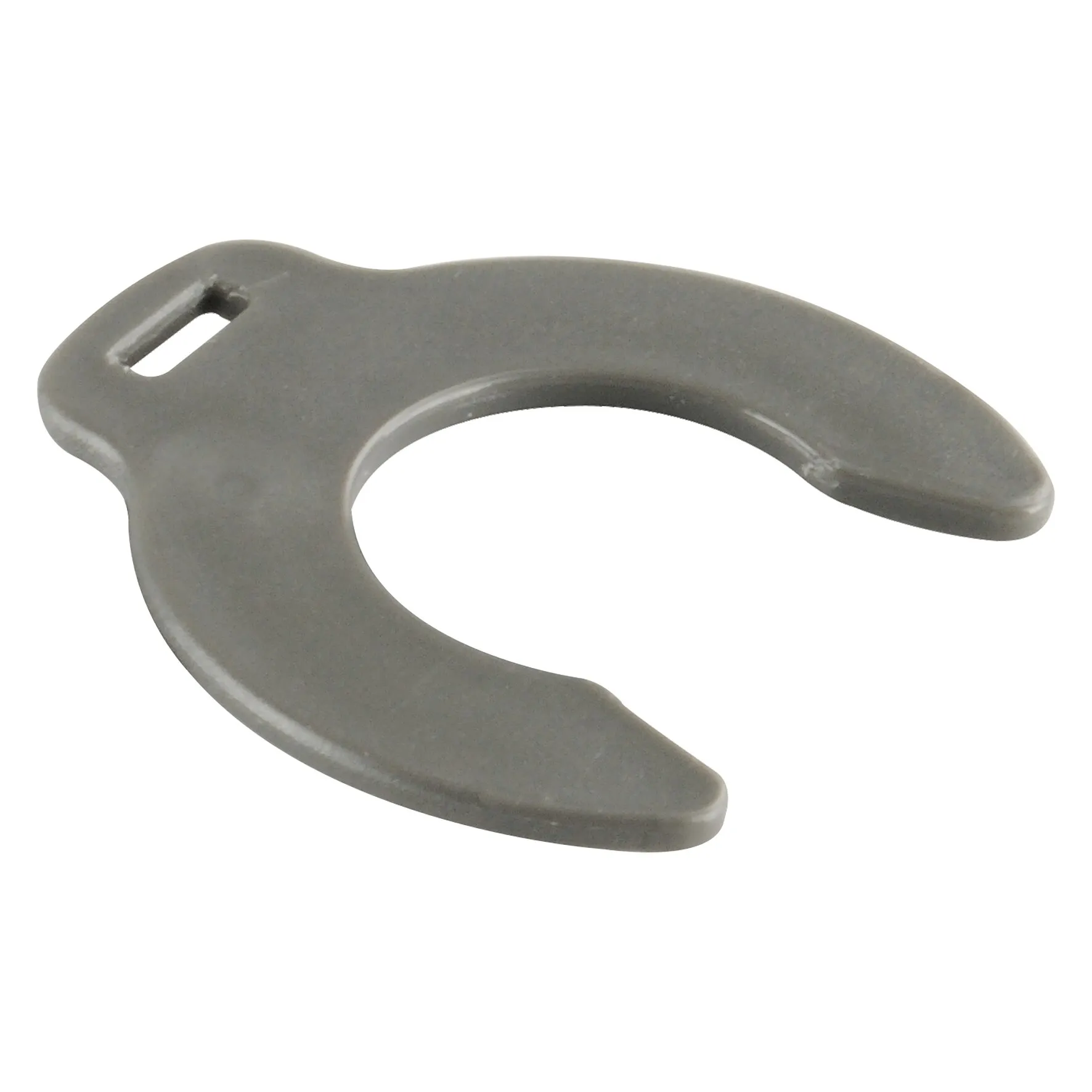 Graue Sicherungsklammer UniQuick aus Metall mit gebogener Form und rechteckiger Öffnung an einem Ende