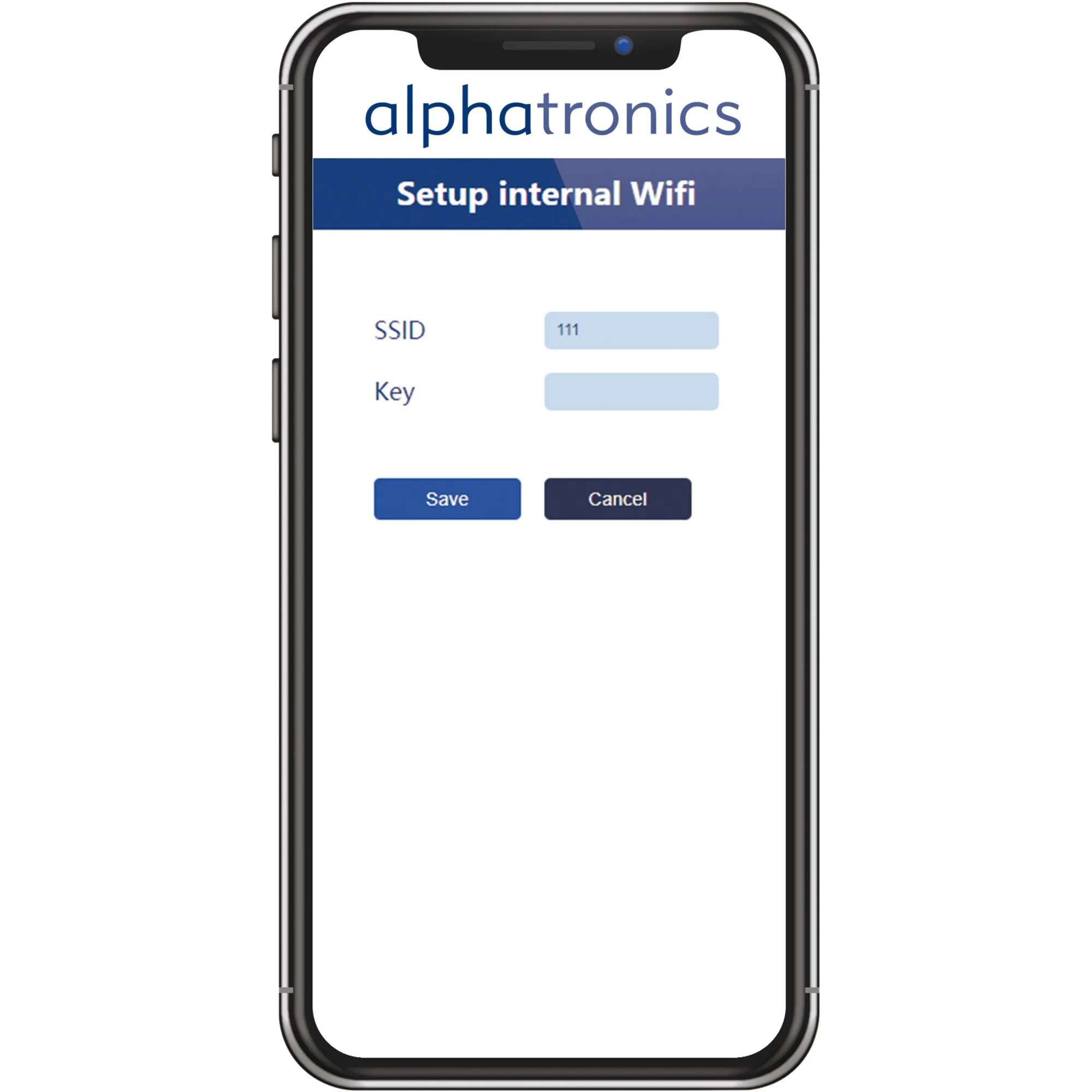 Smartphone-Bildschirm des alphatronics Stream 2 mit WLAN-Einrichtung, SSID 111, Schlüsselfeld sowie Speichern- und Abbrechen-Schaltfläche