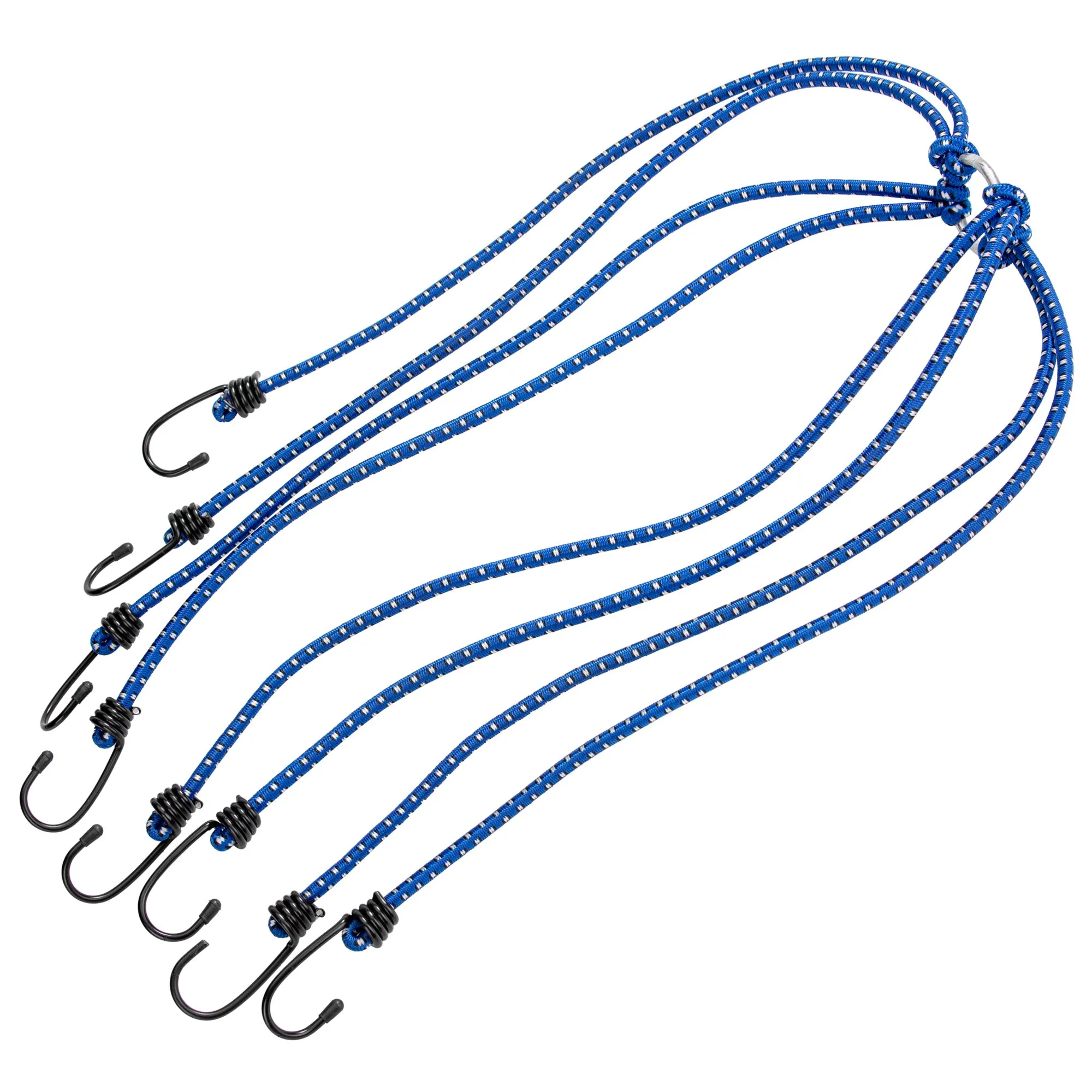 Blaue Gepäckspinne aus elastischer Kordel mit acht schwarzen Haken und silbernem Verbindungshaken