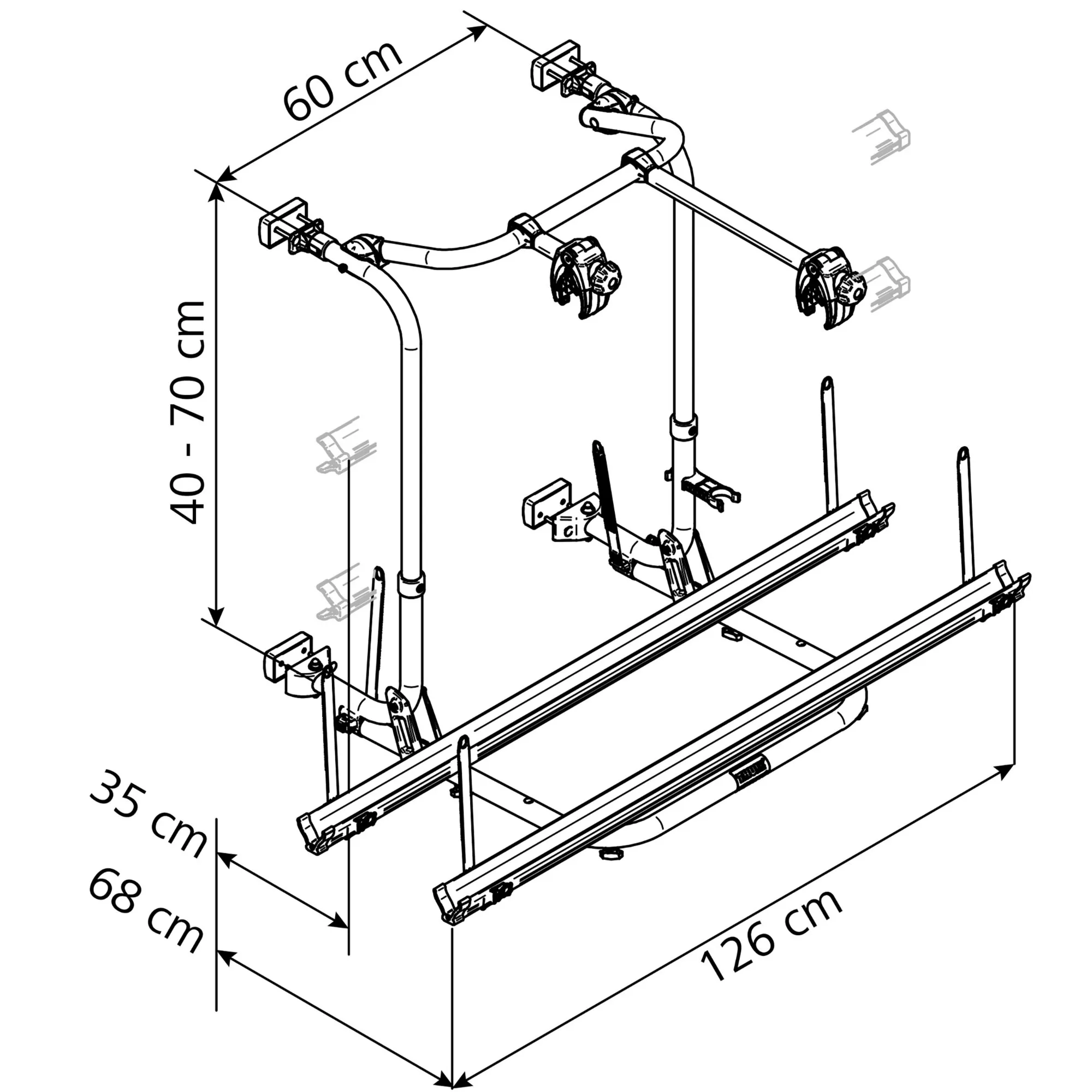 Technische Maßzeichnung des Thule Sport G2 Short Fahrradträgers mit zwei Schienen und Haltearmen, Maße 126 x 68 x 40–70 cm