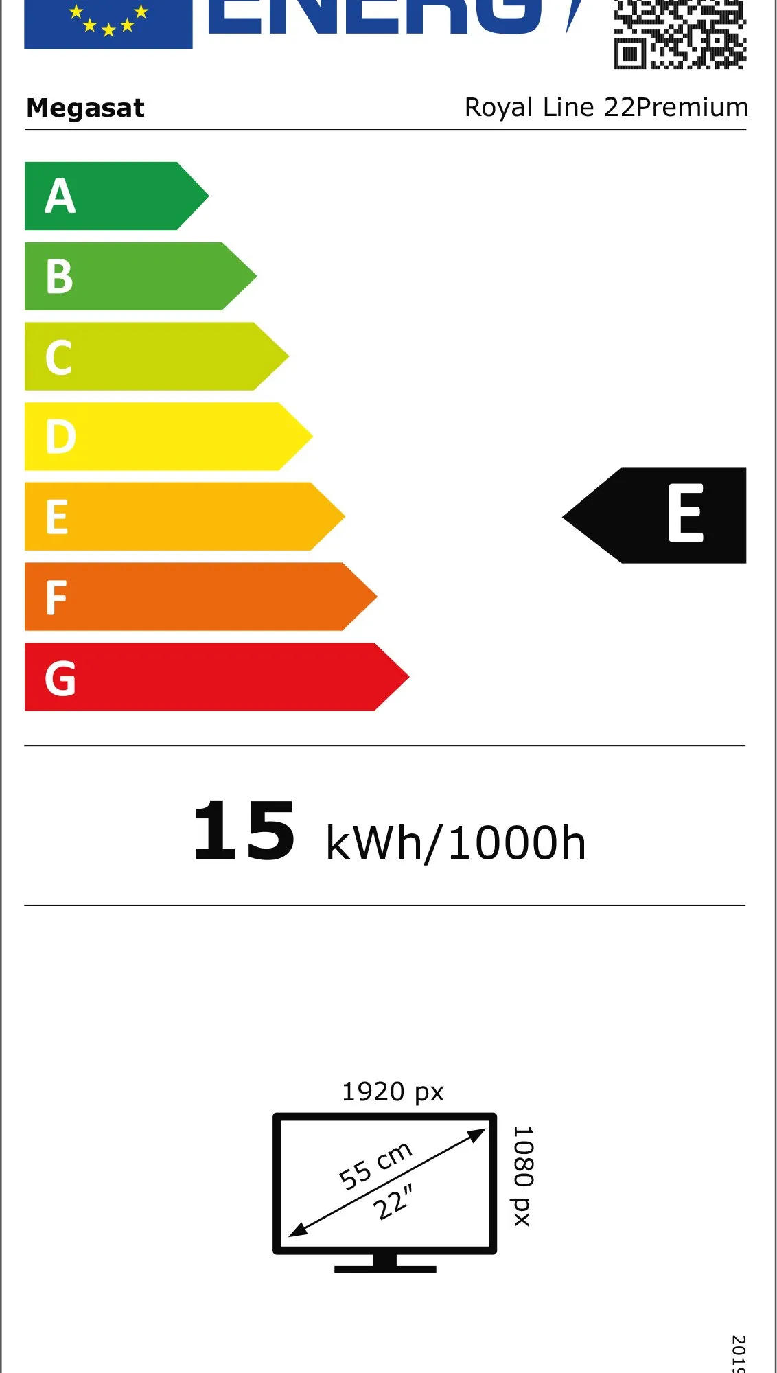 Energielabel für Megasat Royal Line 22Premium: Energieeffizienzklasse E, 15 kWh/1000 h, 22-Zoll-Display mit 1920 × 1080 Pixeln