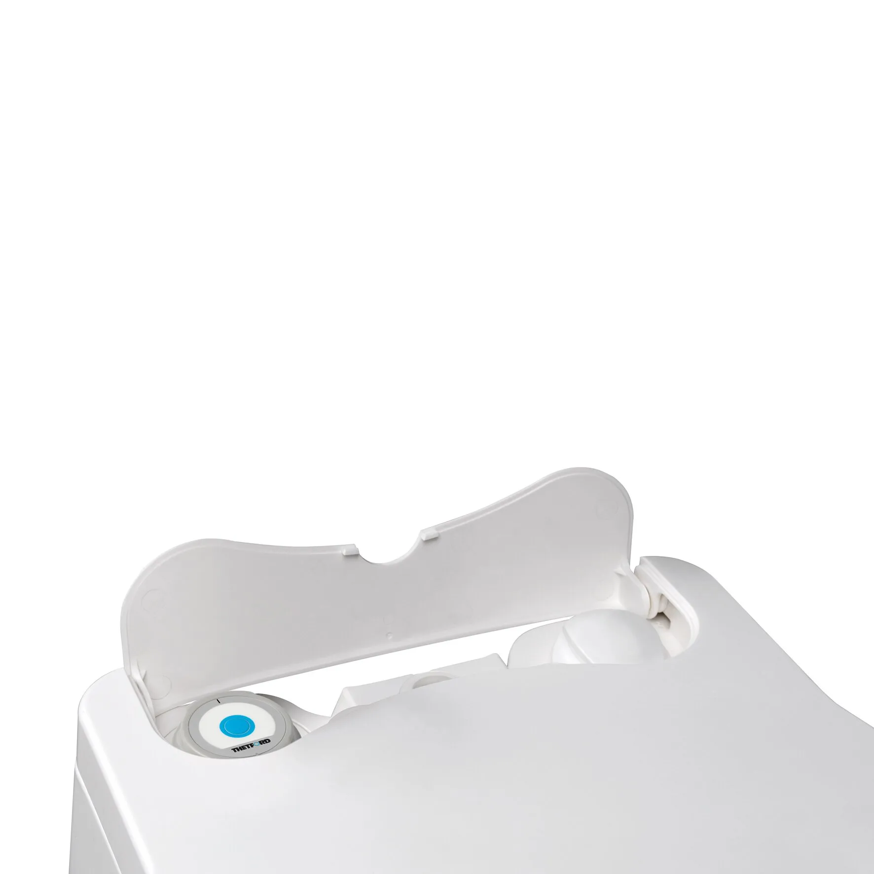 Weiße elektrische Campingtoilette Porta Potti PP 565 mit geöffnetem Deckel und blauem Spülknopf von Thetford