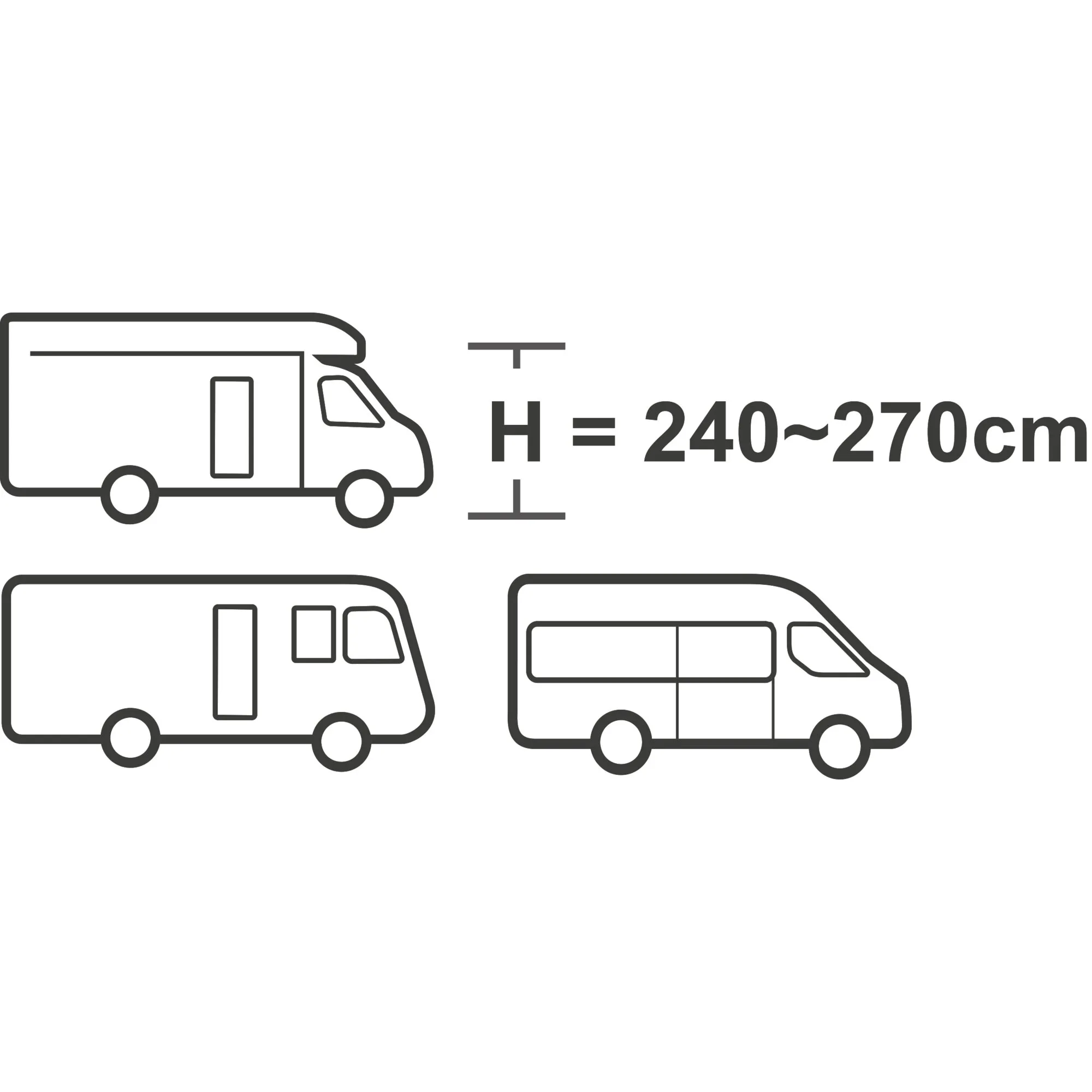 Busvorzelt Triton mit schematischen Seitenansichten für verschiedene Fahrzeugtypen und Höhenangabe von 240 bis 270 cm