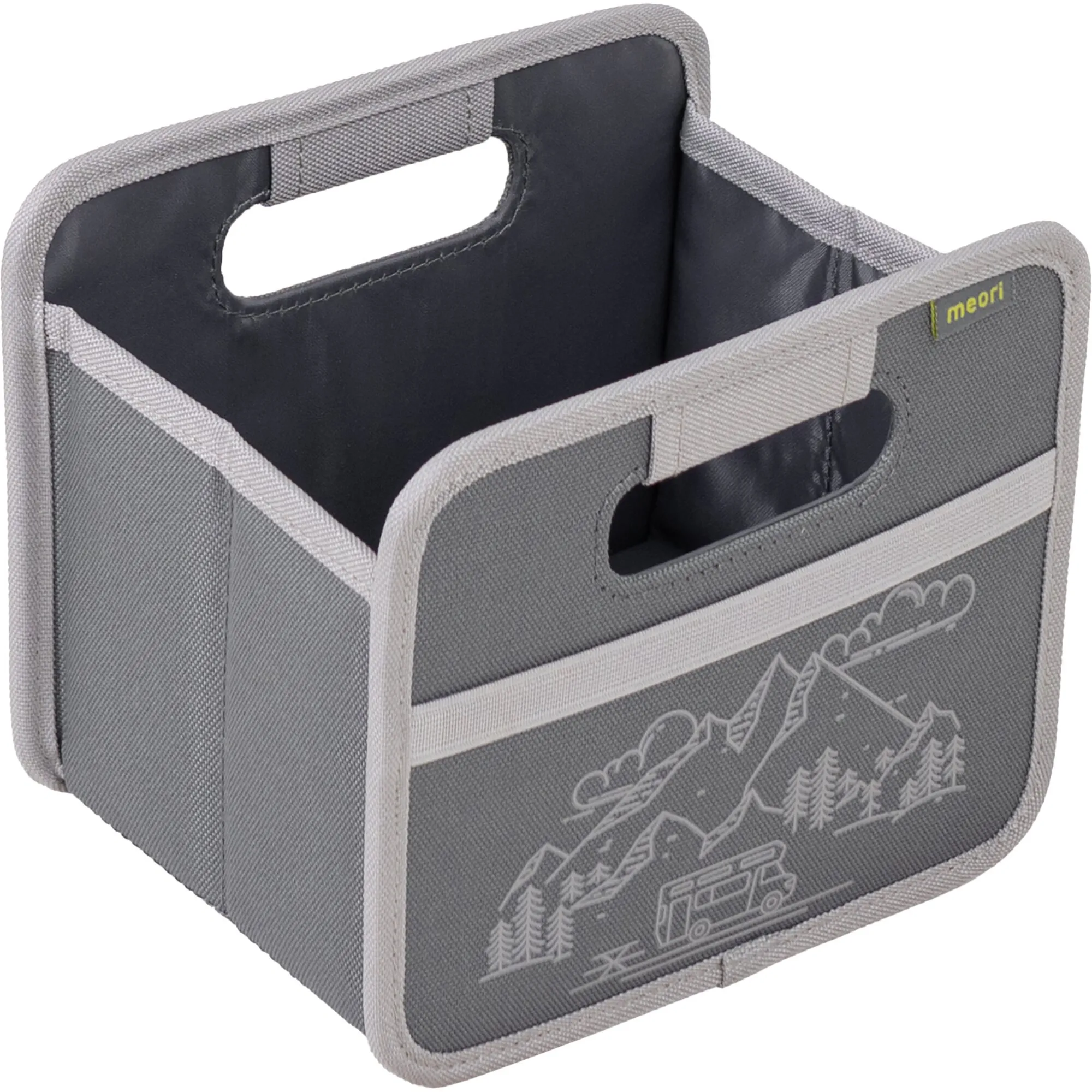 Graue faltbare meori Mini-Box mit Tragegriffen, offenem Innenfach und Wohnmobil-Motiv mit Berg- und Waldlandschaft