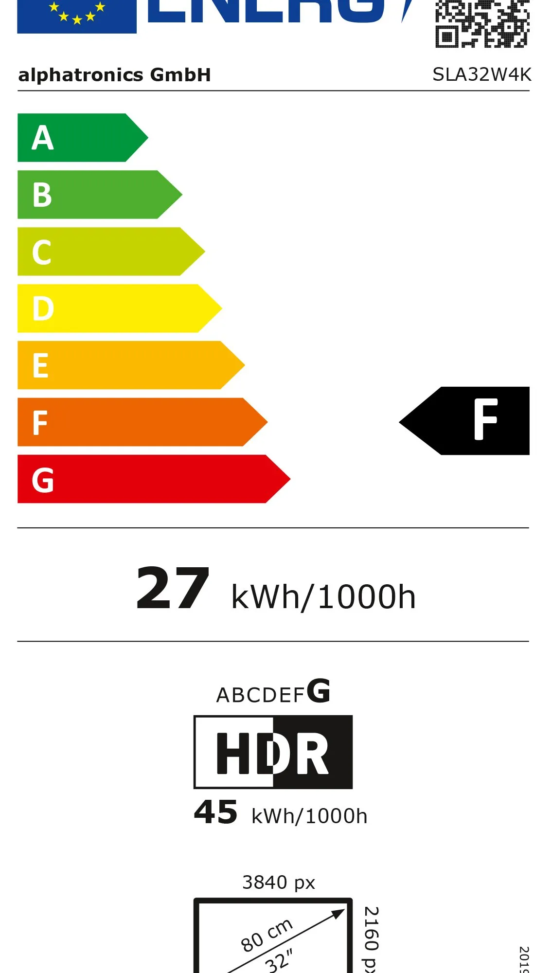 Energielabel des 32-Zoll-Fernsehers alphatronics SLA32W4K: Energieeffizienzklasse F, 27 kWh/1000 h und HDR-Verbrauch 45 kWh/1000 h