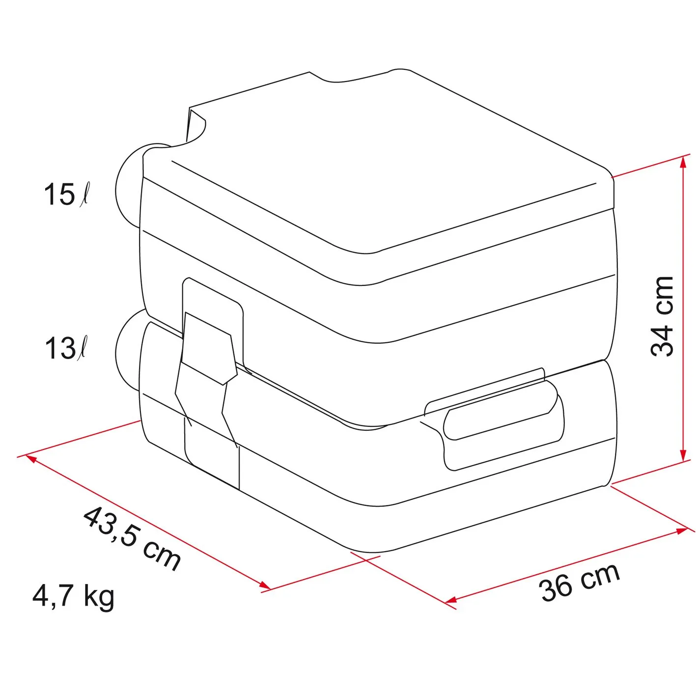 Tragbare Toilette BI-POT mit Deckel, Maßzeichnung: 34 cm hoch, 43,5 × 36 cm groß, 4,7 kg, mit 15- und 13-Liter-Tanks