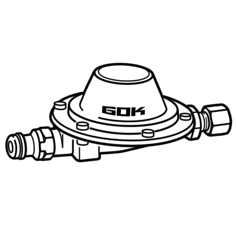 Wasserregler RVS 8 von GOK aus Metall mit konischem Gehäuse, rundem Flansch und seitlichen Anschlussverschraubungen in Seitenansicht